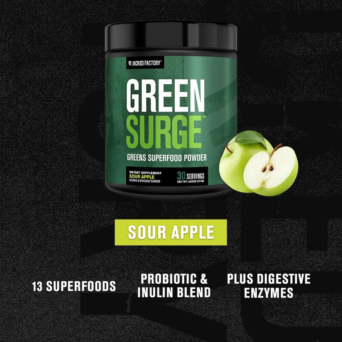 Jacked Factory Greensurge Green Superfood Powder - Greens Drink w/Spirulina, Wheat & Barley Grass, Organic Greens - Green Tea Extract, Probiotics & Digestive Enzymes - 30 Servings, Sour Apple