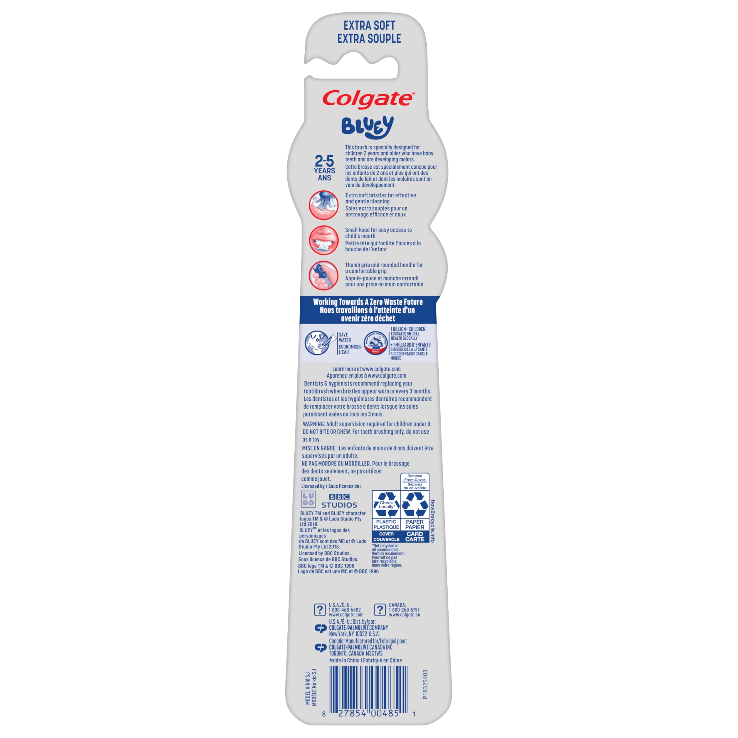 Colgate Kids Full Size Toothbrush (2 Pack) with Extra Soft Bristles for Ages 2 and Up, Toddler Toothbrush Featuring Bluey, Suction Cup for Easy Storage, Gentle for Toddlers