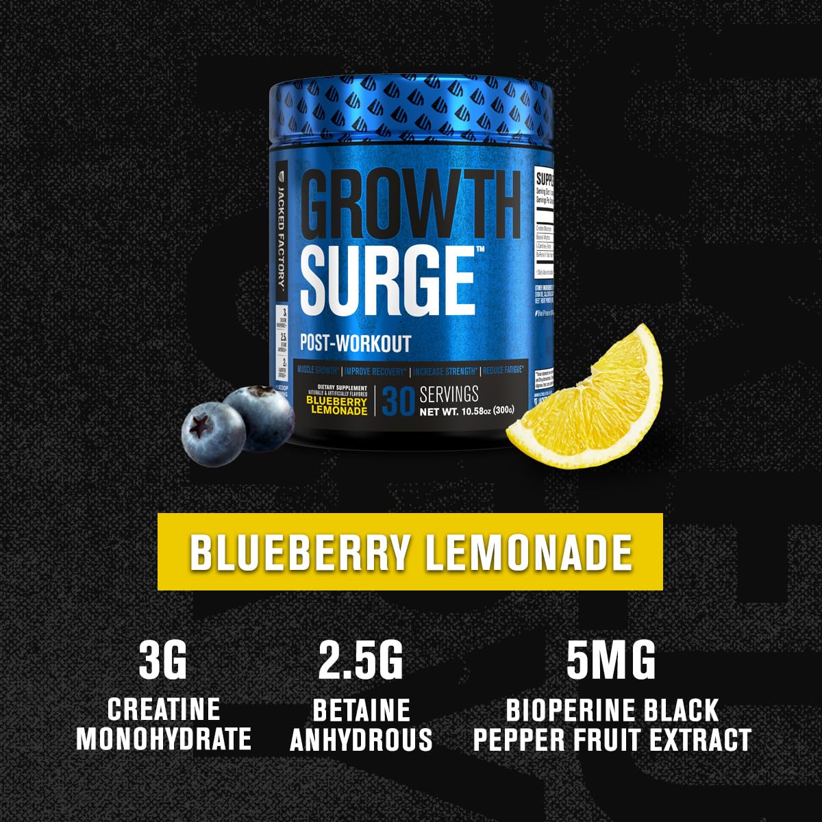 Growth Surge Post Workout Recovery Drink - Daily Muscle Building Supplement with Creatine Monohydrate Powder, Betaine, L-Carnitine L-Tartrate - 30 Servings, Blueberry Lemonade