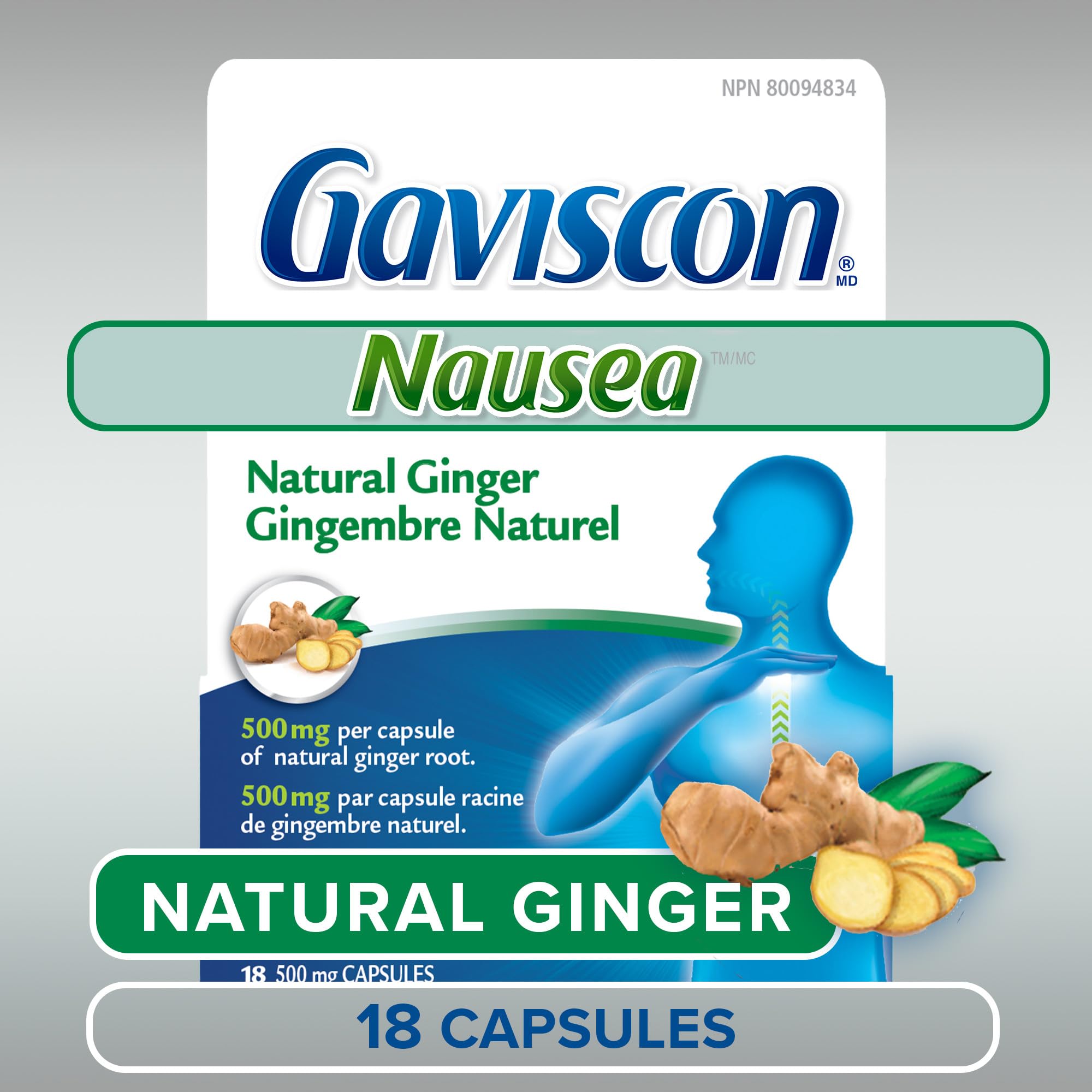 Gaviscon Anti Nausea Ginger Capsules - 18 Count - Tablets for Nausea Relief & Digestion Support, Natural Ginger - Free of Aluminum, Lactose and Gluten