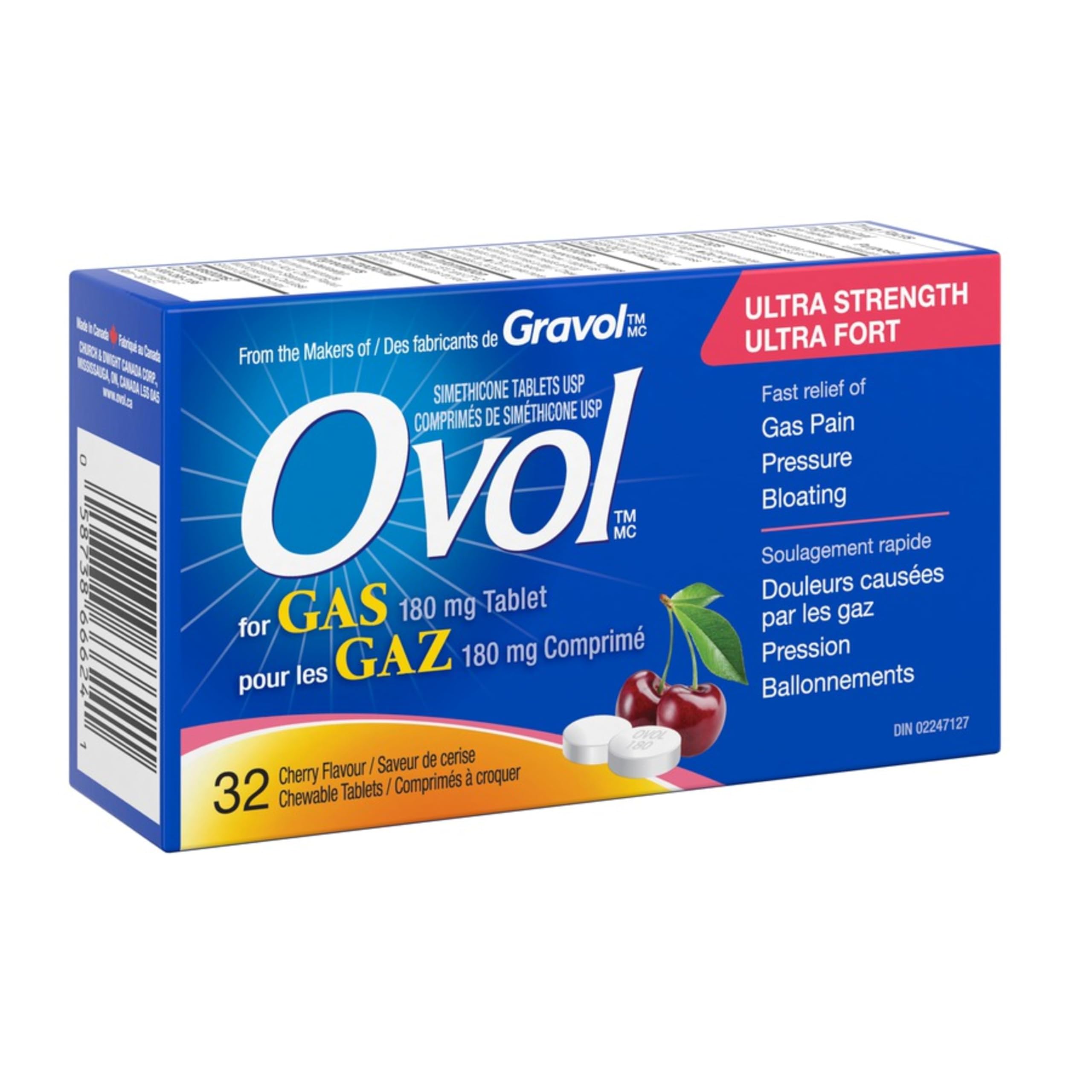 Ovol Extra Strength, Cherry Flavour Chewable Tablets, Gas Pain, Pressure, and Bloating Relief, 180mg, 32 Count