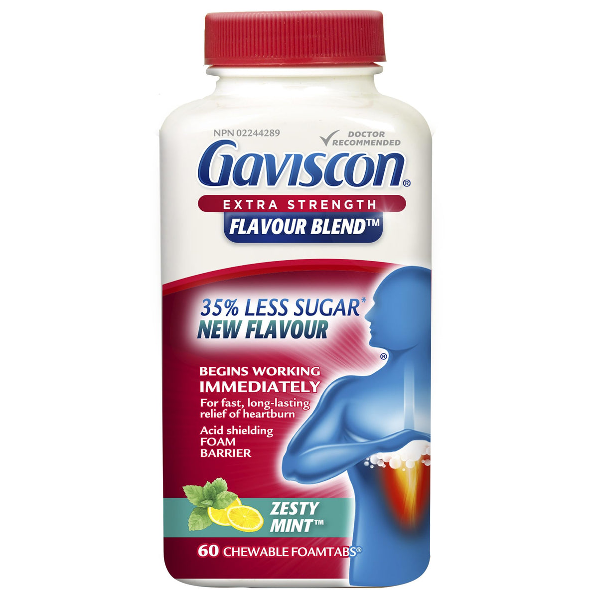 Gaviscon Extra Strength Tablets - Less Sugar, Zesty Mint, 60-Count - Chewable Foaming Antacid Tablets for Day and Night Heartburn Relief, Acid Reflux & GERD - Free from Aluminum, Lactose and Gluten