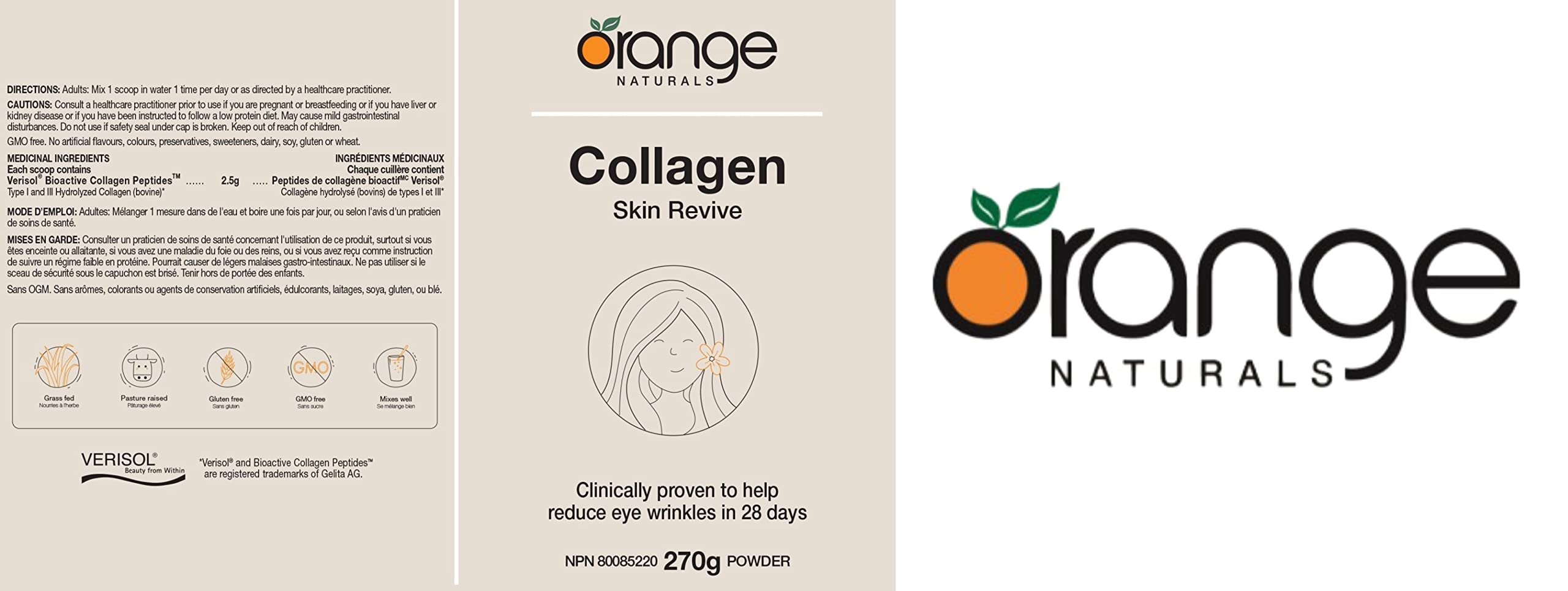 Orange Naturals - Collagen Skin Revive - 270g Powder Supplement for Women - Helps Reduce Eye Wrinkles, Fine Lines, Antiaging and Improve Nail Growth - Bioactive Peptides Hydrolyzed - Enhanced Non GMO