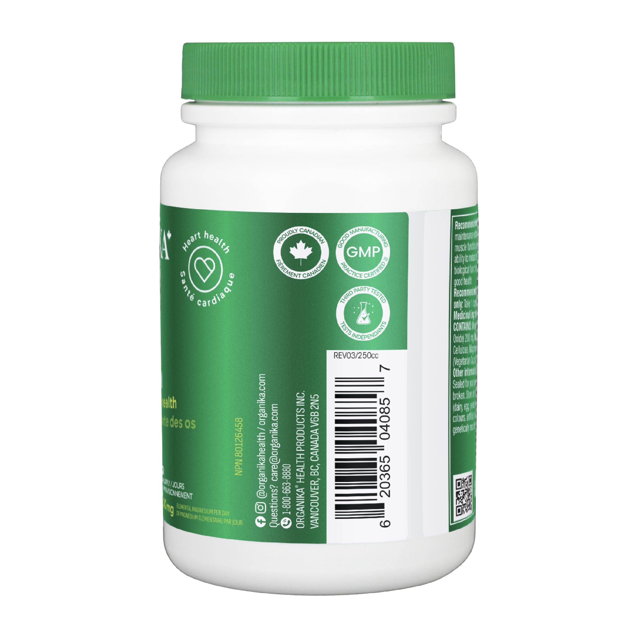 Organika Canadian-Made Magnesium Bisglycinate - 200mg, High Absorption, Muscle Recovery, Heart Support, 120vcaps