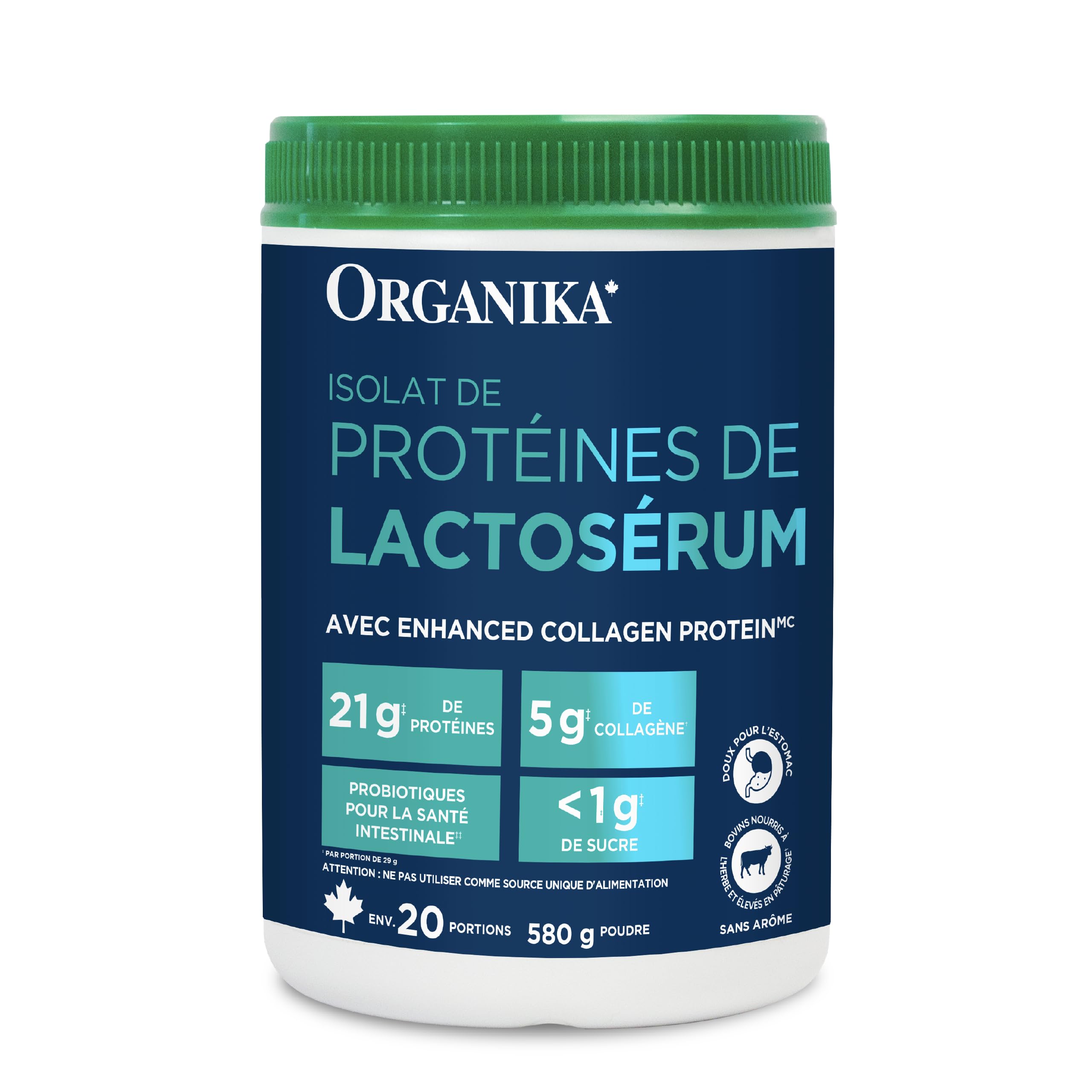 Organika Whey Protein Isolate Powder with Added Collagen Peptides and Probiotics for Easy Digestion- 21g of Protein, 5g of Fibre- Helps Build Strength and Lean Muscle + Aids Recovery- Unflavoured-580g