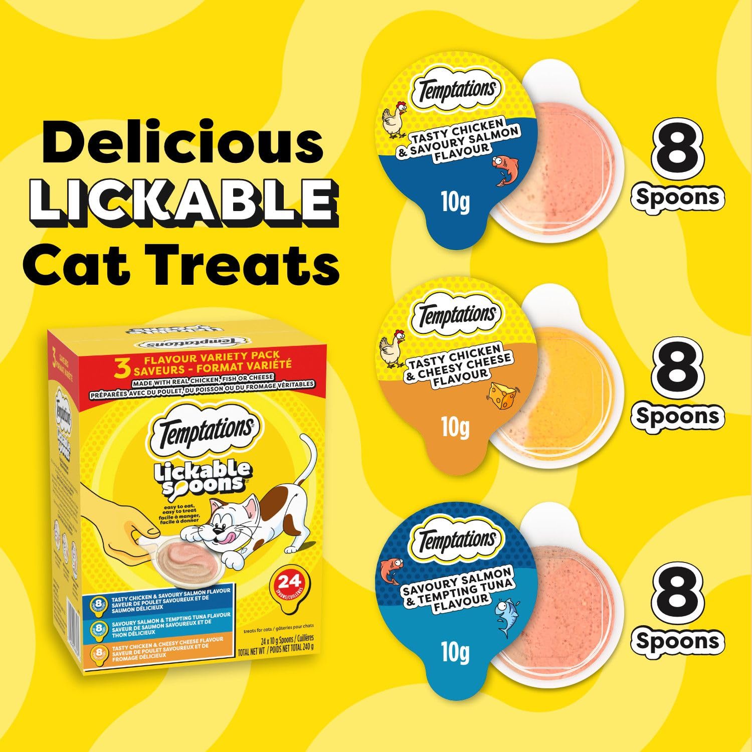 Temptations Lickable Spoons Adult Cat Treats Chicken & Salmon, Salmon & Tuna, Chicken & Cheese Flavours Variety Pack, (24) 10g Spoons