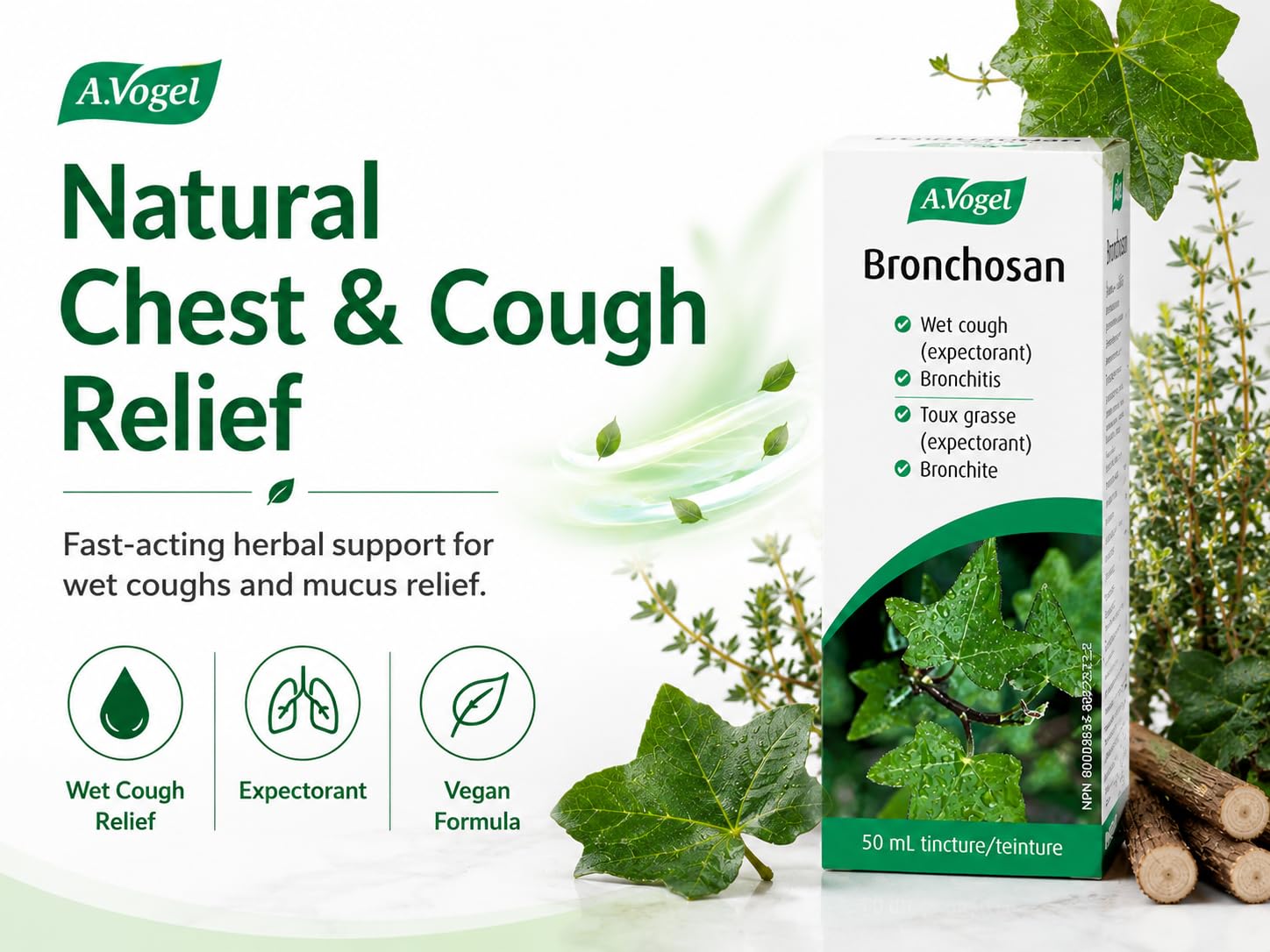 A.Vogel Bronchosan Natural Herbal Cough Syrup with Ivy Leaf for Chest Congestion & Mucus Relief – Soothes Productive Coughs – Sugar-Free, Non-Drowsy Formula – 50mL