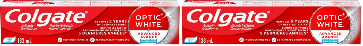 Colgate Optic White Advanced Sparkling White Toothpaste with 2% Hydrogen Peroxide and Fluoride, Teeth Whitening Toothpaste, Deep-Set Stain Remover, Mint Flavour, 133 mL (Pack of 2)