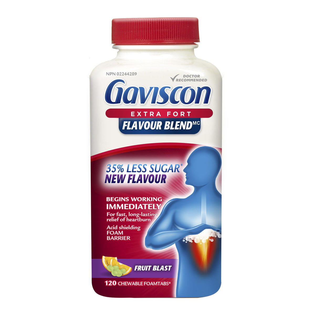 Gaviscon Extra Strength Flavour Burst Tablets - 120 Count - Chewable Foaming Antacid Tablets for Day and Night Heartburn Relief, Acid Reflux and GERD Relief, Fruit Blast - Free of Aluminum, Lactose and Gluten