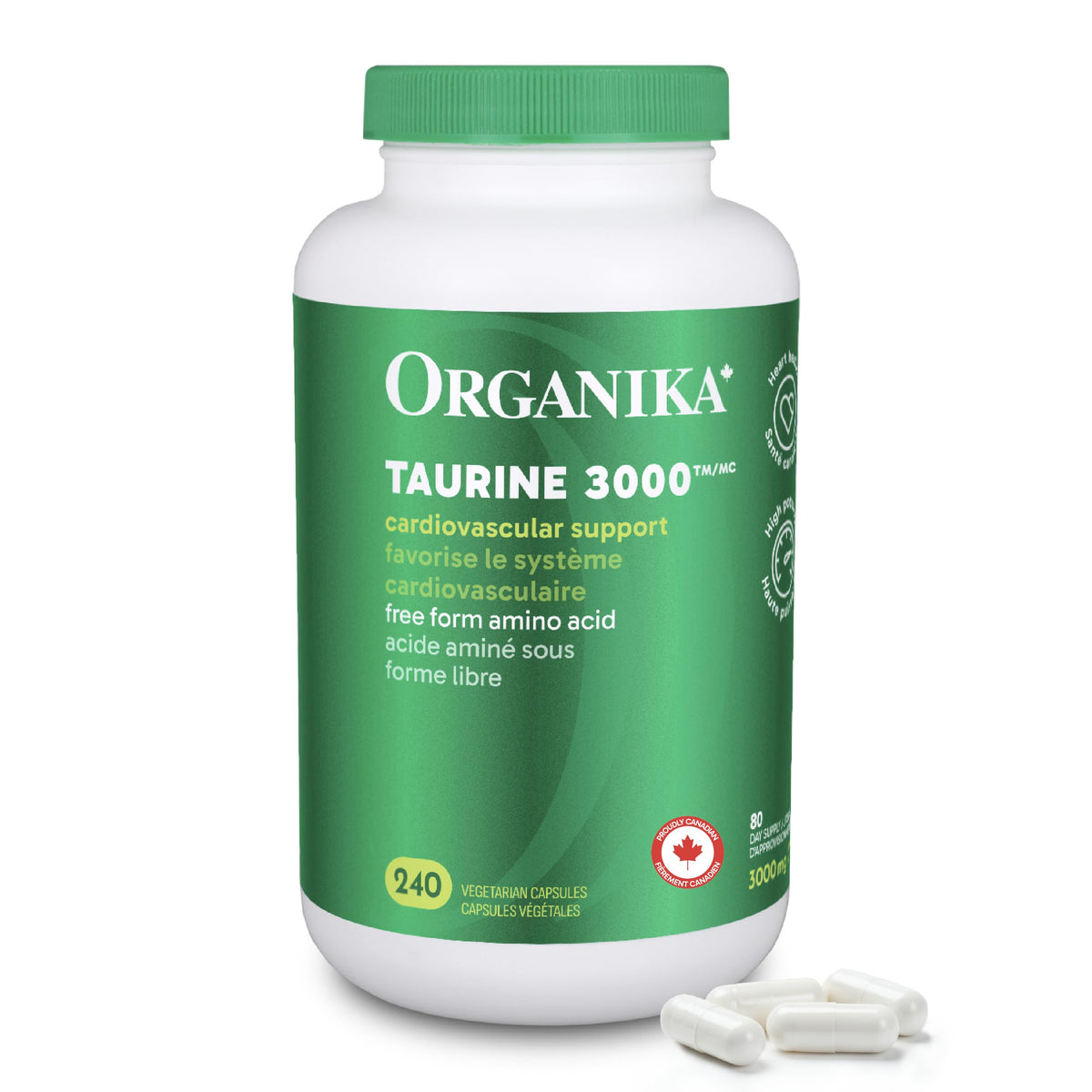 Organika Canadian-Made Taurine Ultra Strength- 1000mg- Supports Cardiovascular Health, 3000mg Daily Dose- 240vcaps