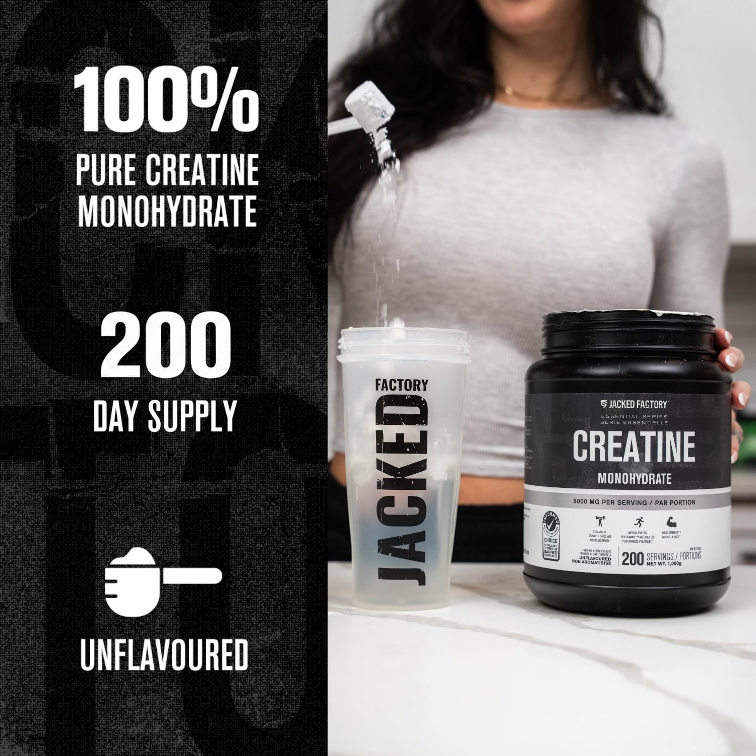 Jacked Factory Creatine Monohydrate Powder 1000g - Canadian-Owned Informed Choice Certified Supplement for Increased Muscle Mass*, Improved Strength, Power, & Performance** - 200 Servings, Unflavored