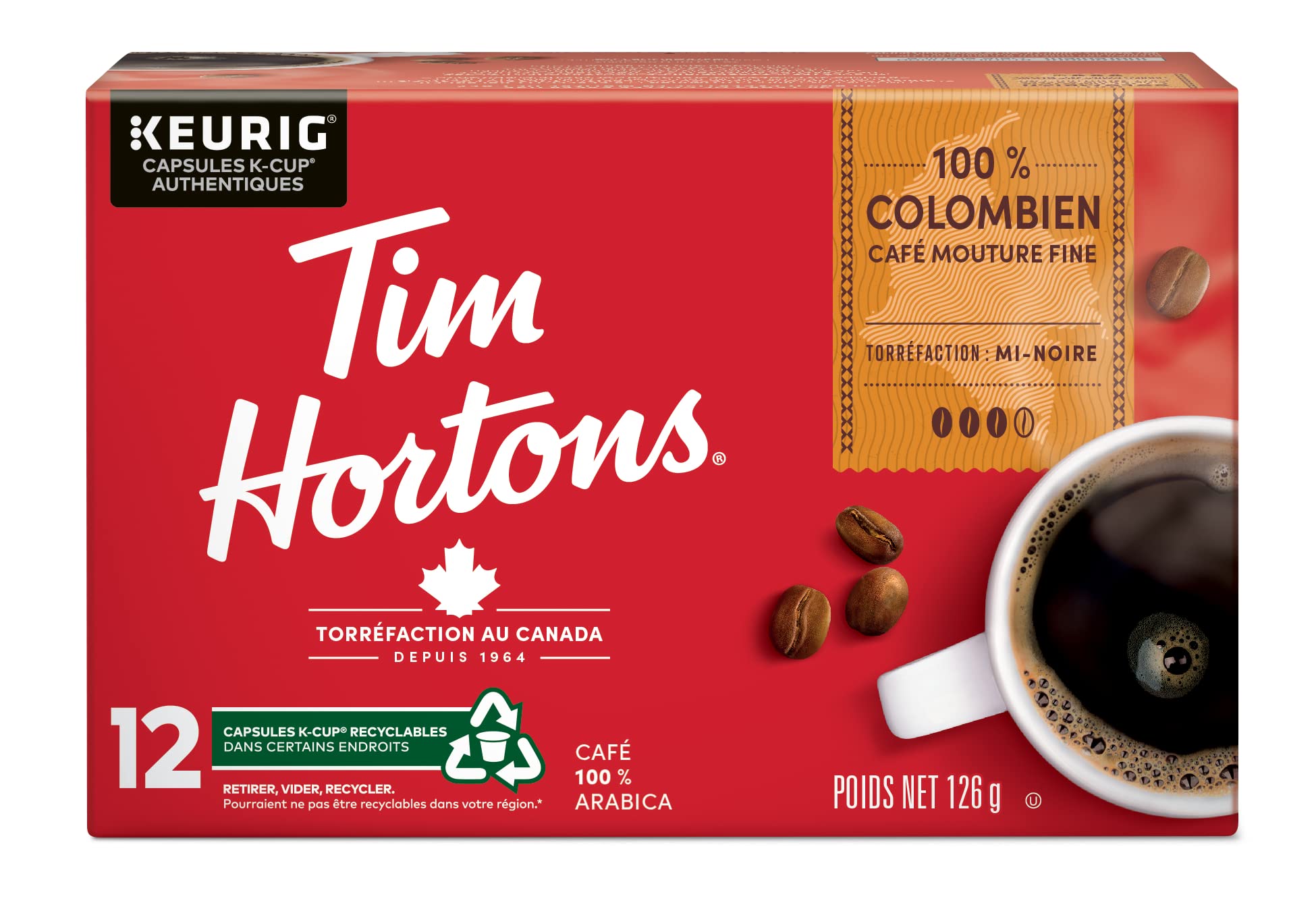 Tim Hortons Colombian Coffee, Single Serve Keurig K-Cup Pods, Medium Roast, 72 Count