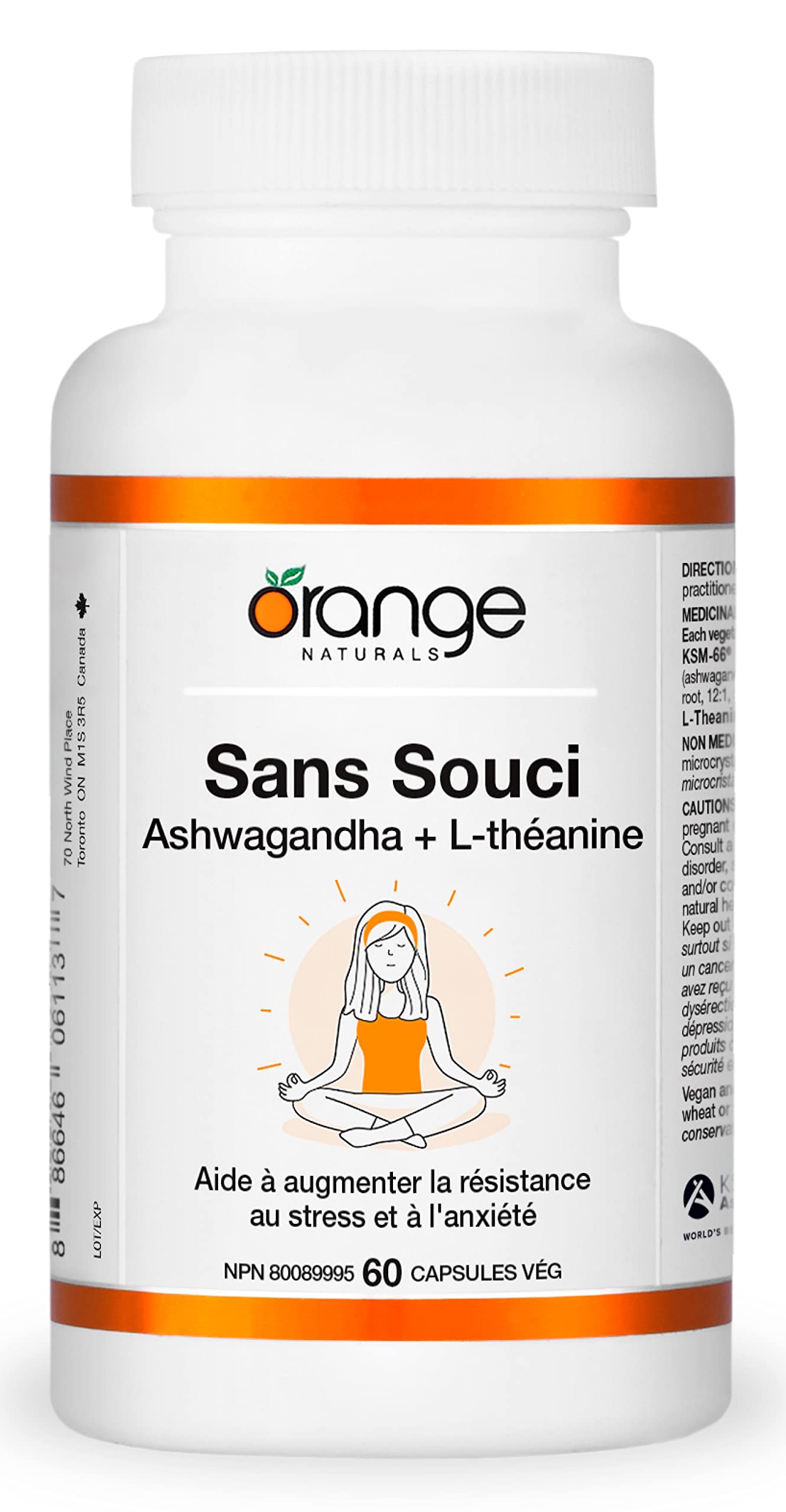 Orange Naturals - Peace of Mind, Ashwagandha KSM-66 and L-theanine, 60 Capsules 30-Day Supply - High-Concentration 300mg Ashwagandha and L-Theanine 100mg for Relaxation and Focus - Vegan & Non-GMO
