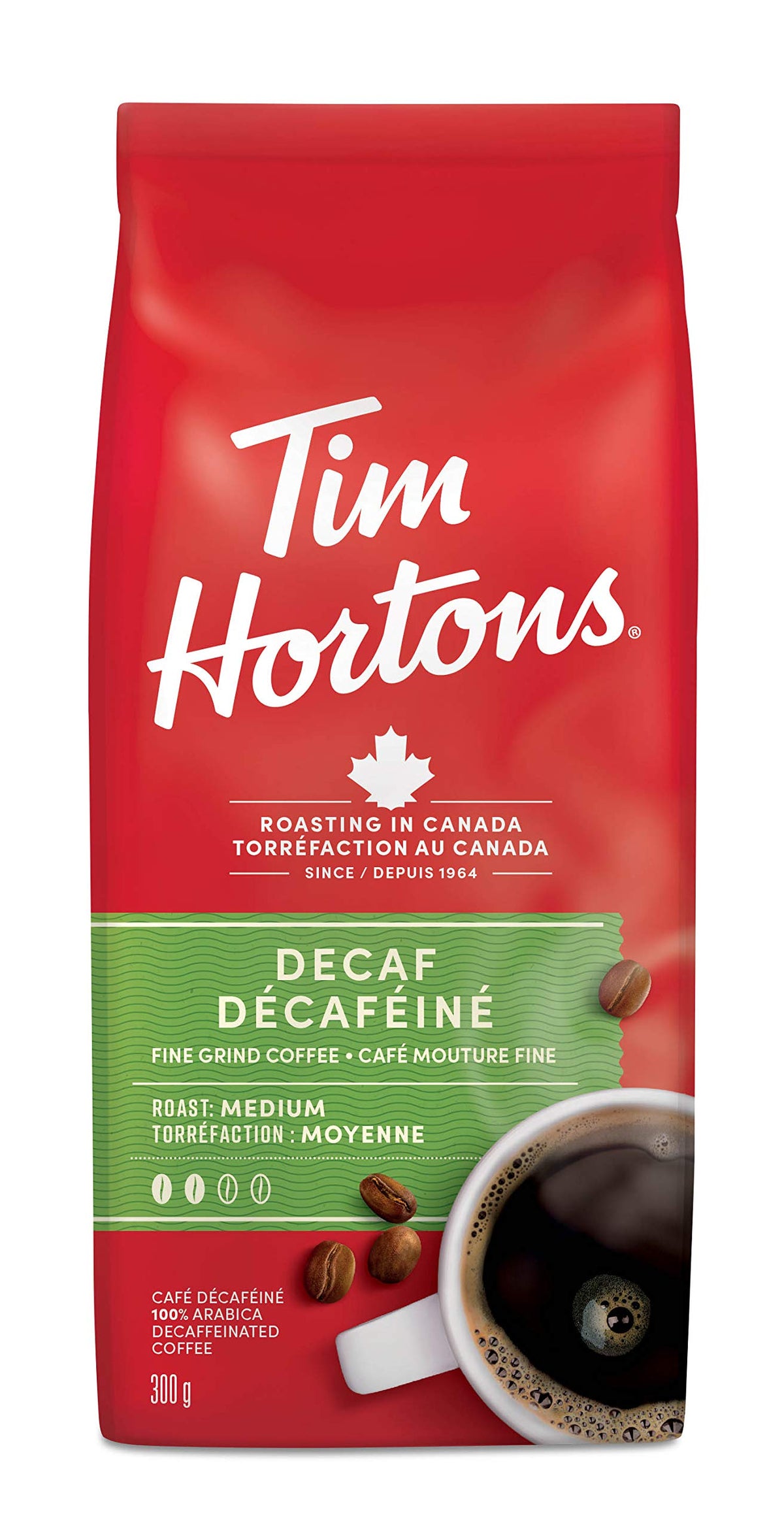 Tim Hortons Decaf Coffee, Fine Grind Bag, Medium Roast, 300g