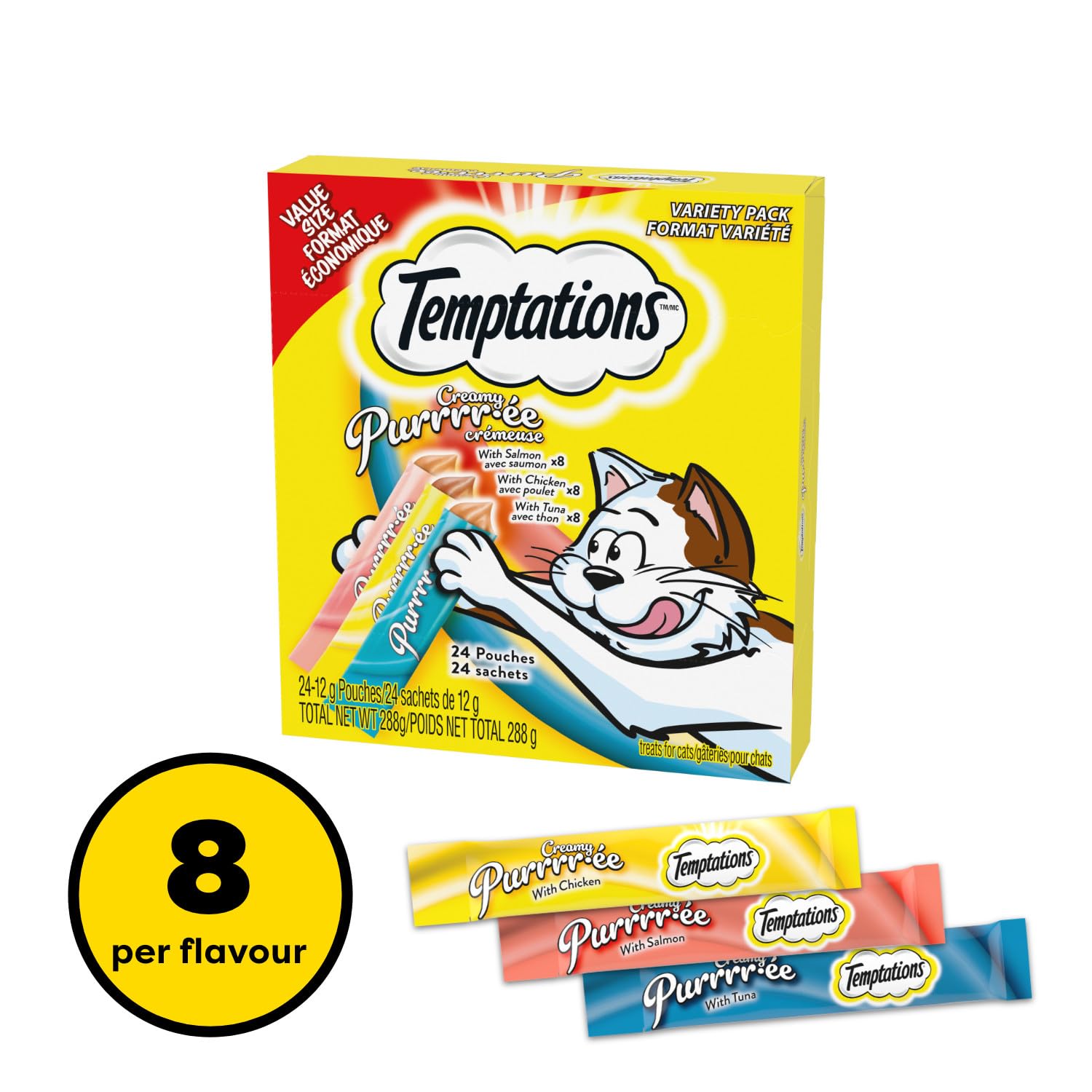 Temptations Creamy Puree Adult Lickable Cat Treats with Chicken & Salmon & Tuna Variety Pack, 24 Pouches, 288g