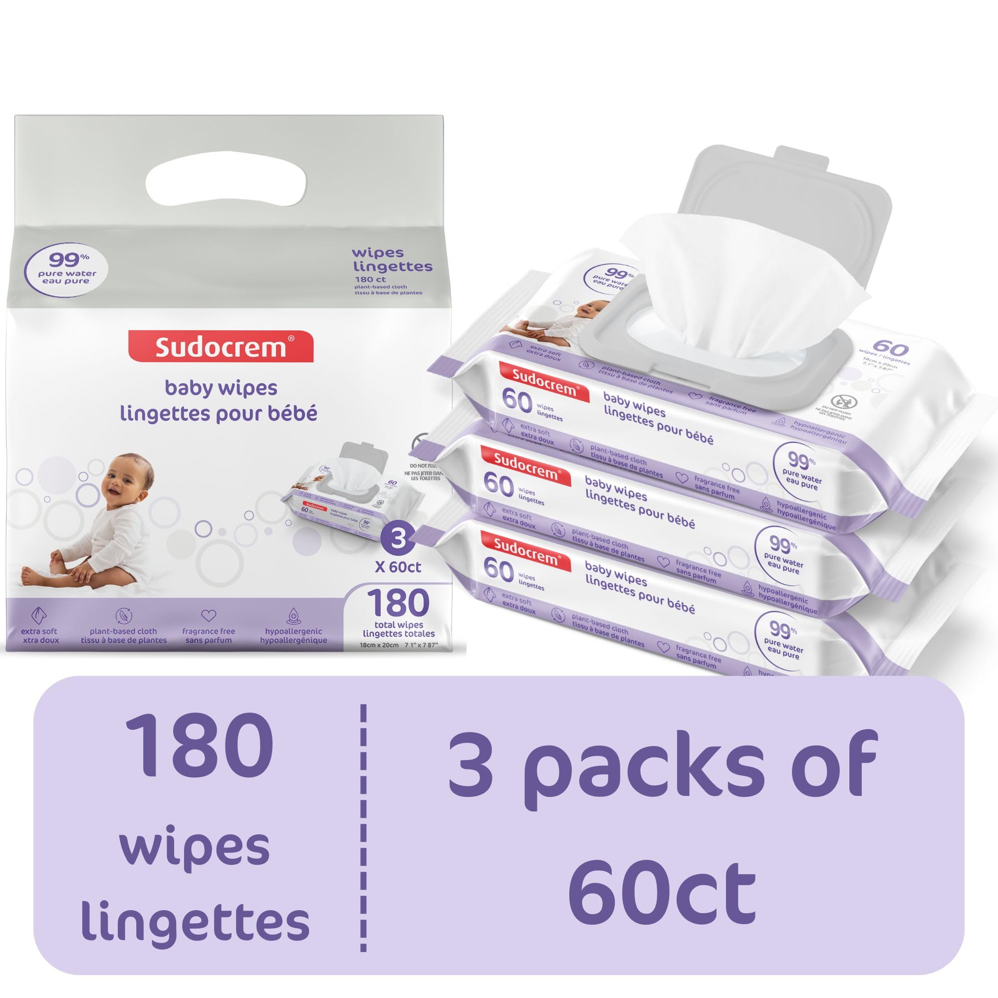 Sudocrem Pure Water Wipes 180 Count - Unscented, Hypoallergenic, Plant-Based Baby Wipes, 99% Water - Extra Strong and Ultra Soft (3 Packs of 60)