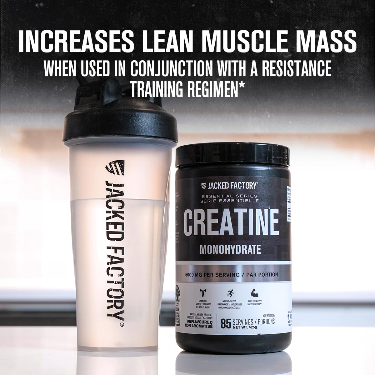 Jacked Factory Creatine Monohydrate 425g + Shaker Bottle Bundle - Informed Choice Certified Supplement for Increased Muscle Mass*, Improved Strength, Power, & Performance** - 85 Servings, Unflavored