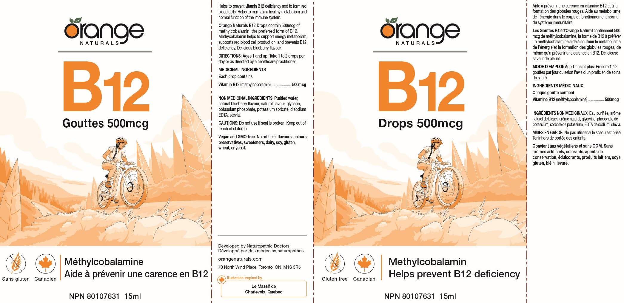 Orange Naturals Vitamin B-12 Liquid Drops, 15 ml, 300-Day Supply, Methylcobalamin 500mcg – Tasty Blueberry Flavor, Promotes Daily Vitality and Wellness – Vegan, Non-GMO, Made in Canada, Easy-to-Use