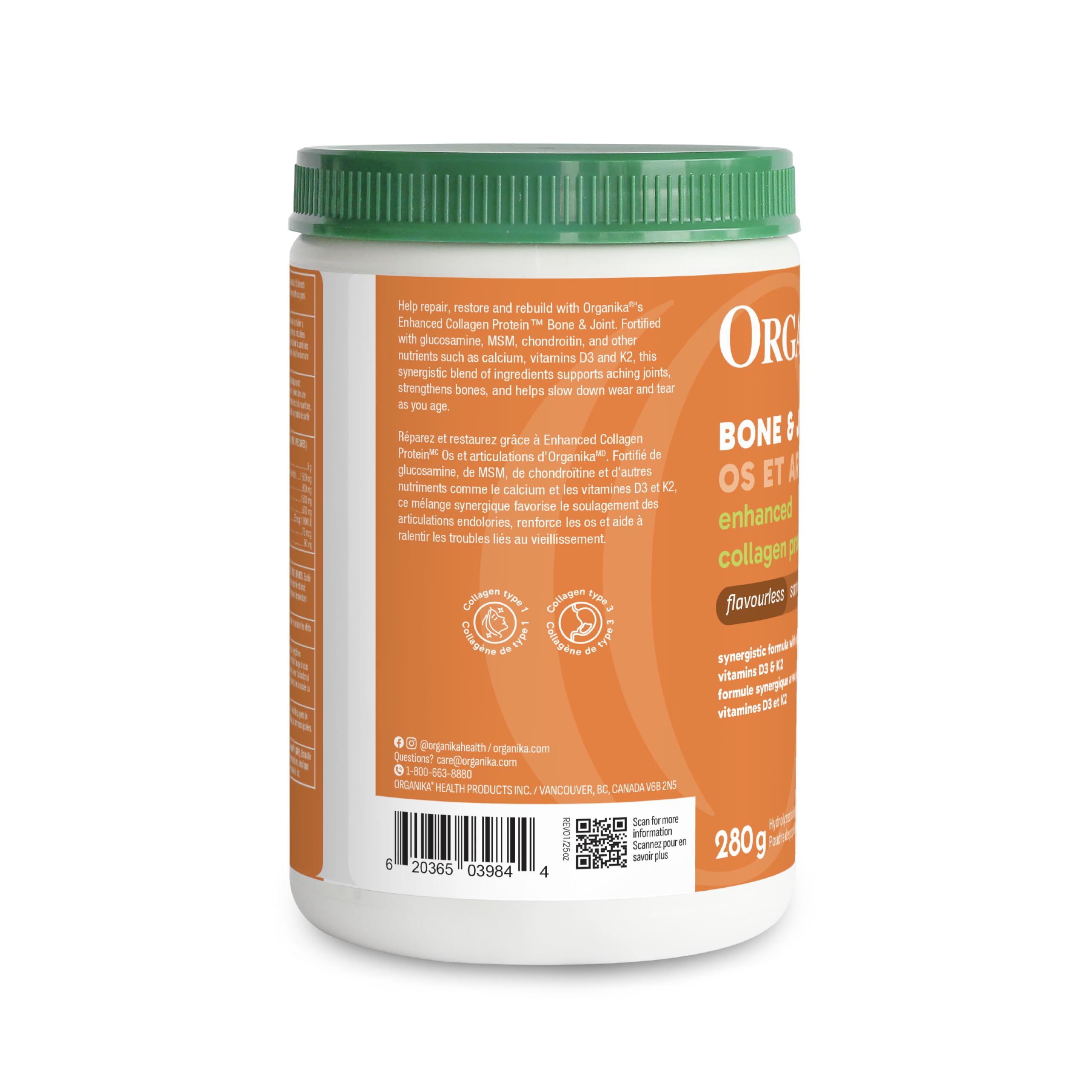 Organika Canadian-Made Enhanced Collagen Bone and Joint Powder - with Glucosamine, MSM, Chondroitin Sulfate, Vitamin D3 and K2 | Helps Restore Bone and Joint Health + Healthier Skin and Hair - 280g