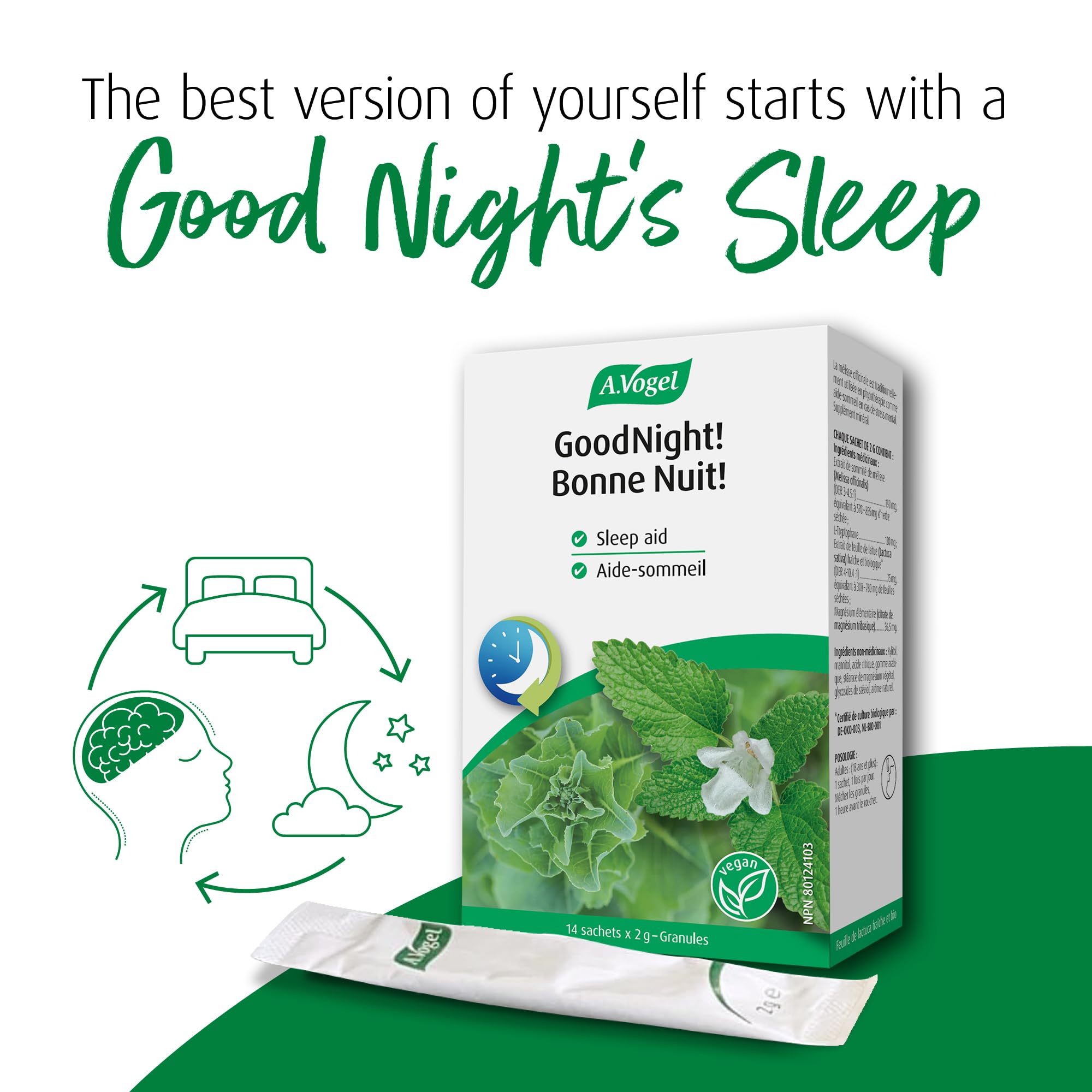 A.Vogel Goodnight! Organic Natural Sleep Aid with Lemon Balm, Lactuca Sativa, L-Tryptophan and Magnesium - Non-Habit Forming Granules for Fast-Acting Restful Sleep 14 x 2g Sachets