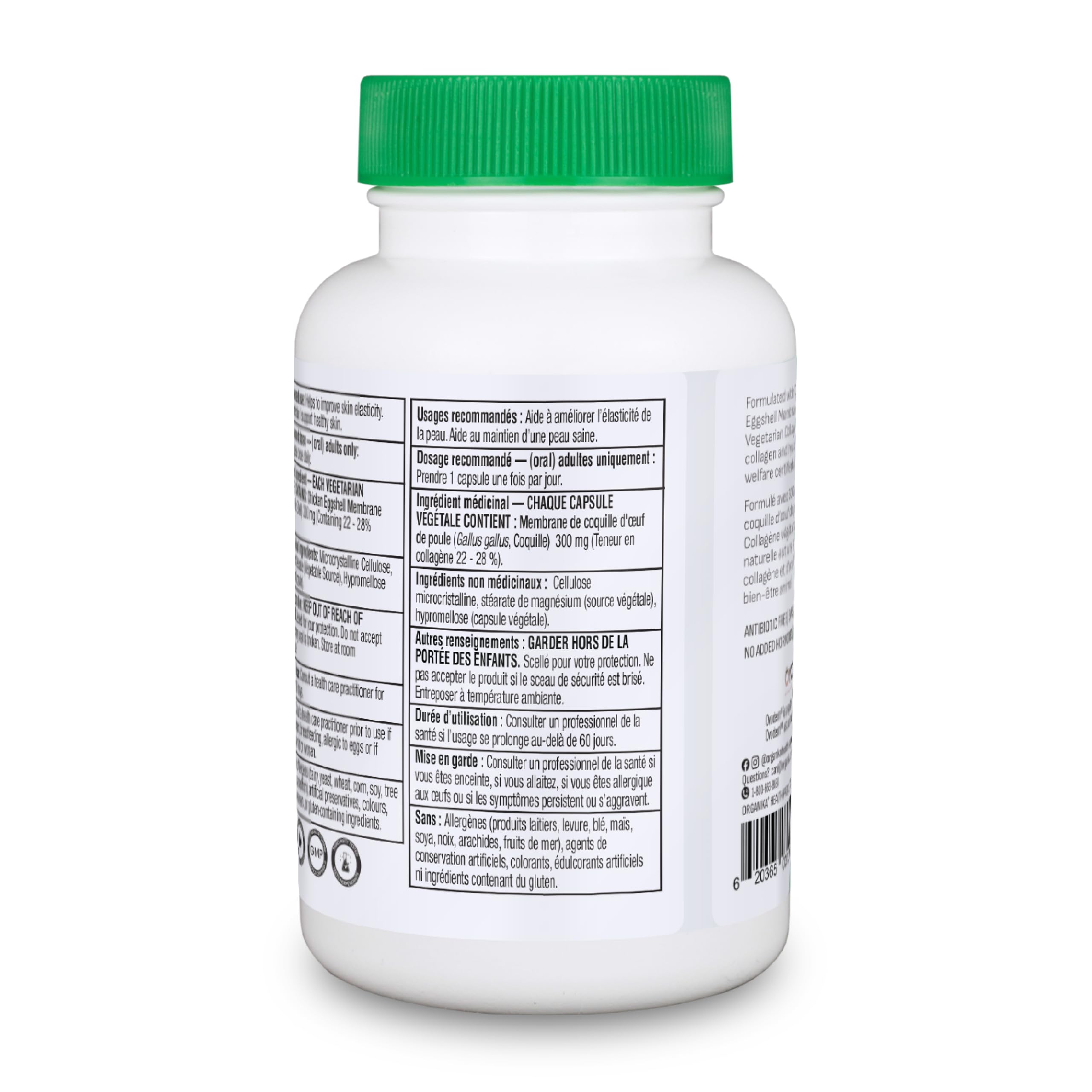 Organika Canadian-Made Vegetarian Collagen - Sourced From Natural Eggshell Membrane | For Healthier Skin, Hair, Nails and Joints - 60vcaps