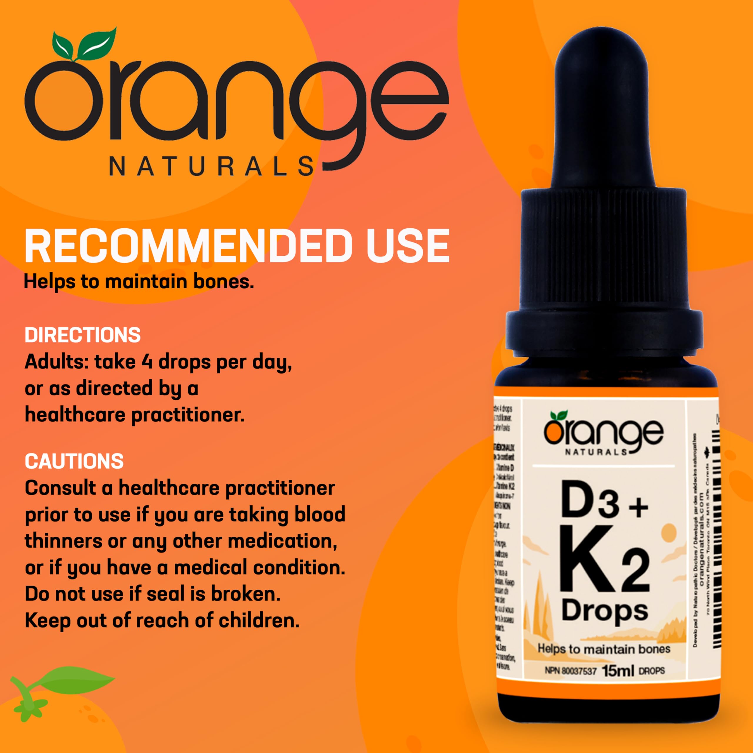 Orange Naturals - Vitamin D3+K2 Drops 250IU 15ml, 75-Day Supply - Natural Orange Flavour - Support Bone, Teeth Health, Maintain Muscle, Enhanced Absorption and Prevent D Deficiency Cholecalciferol
