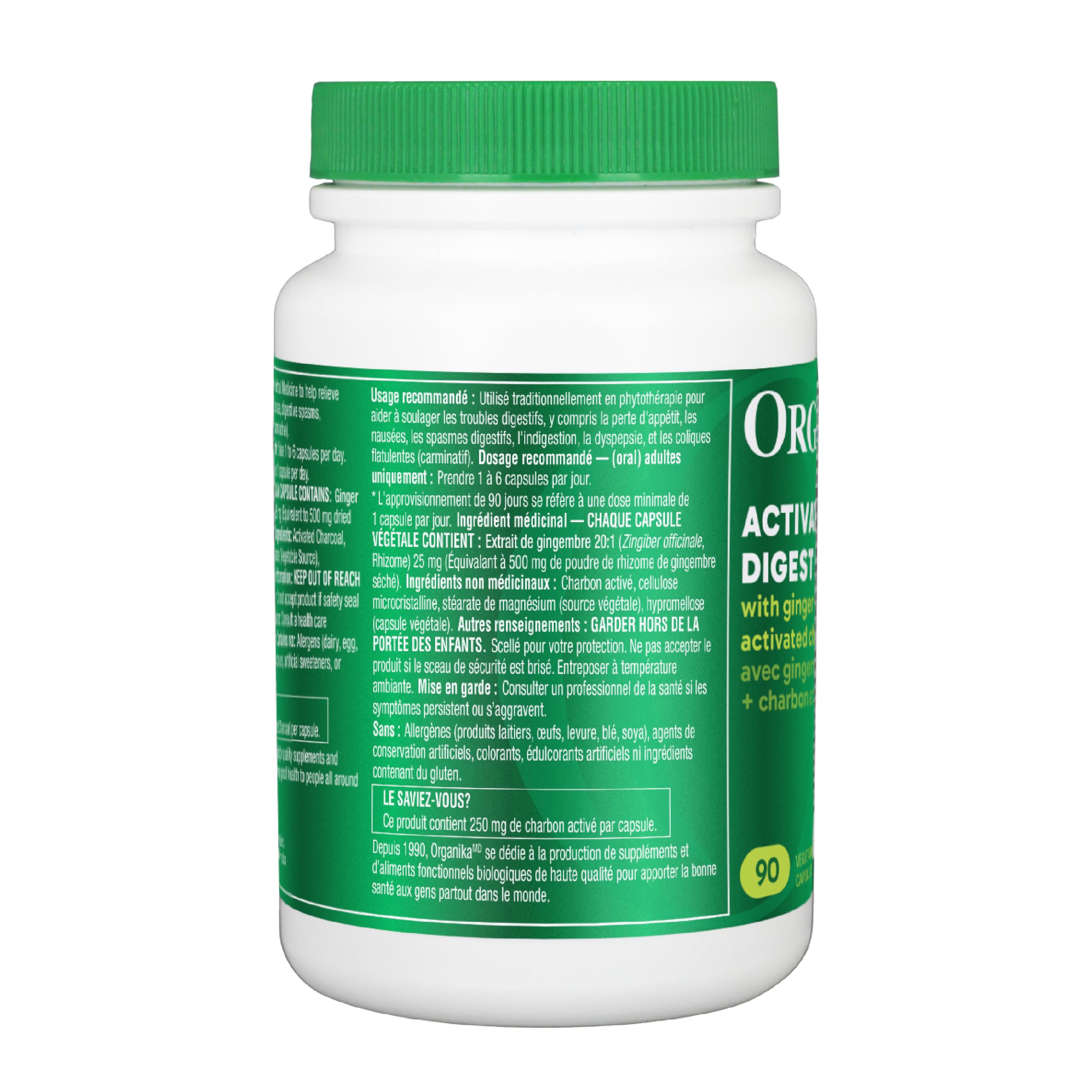Organika Canadian-Made Digest Relief- with Ginger and Activated Charcoal- Relief for Digestive Upset, 90 Count (Pack of 1)