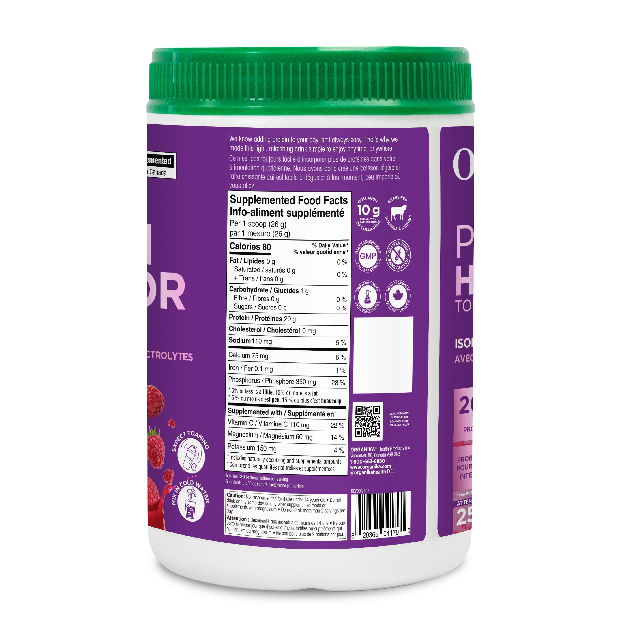 Organika Canadian-Made Protein Hydrator- Raspberry Flavour- Clear Whey Protein Isolate with Collagen, Electrolytes, and Probiotics. Easy to Digest, 20g Protein Per Serving- 650g