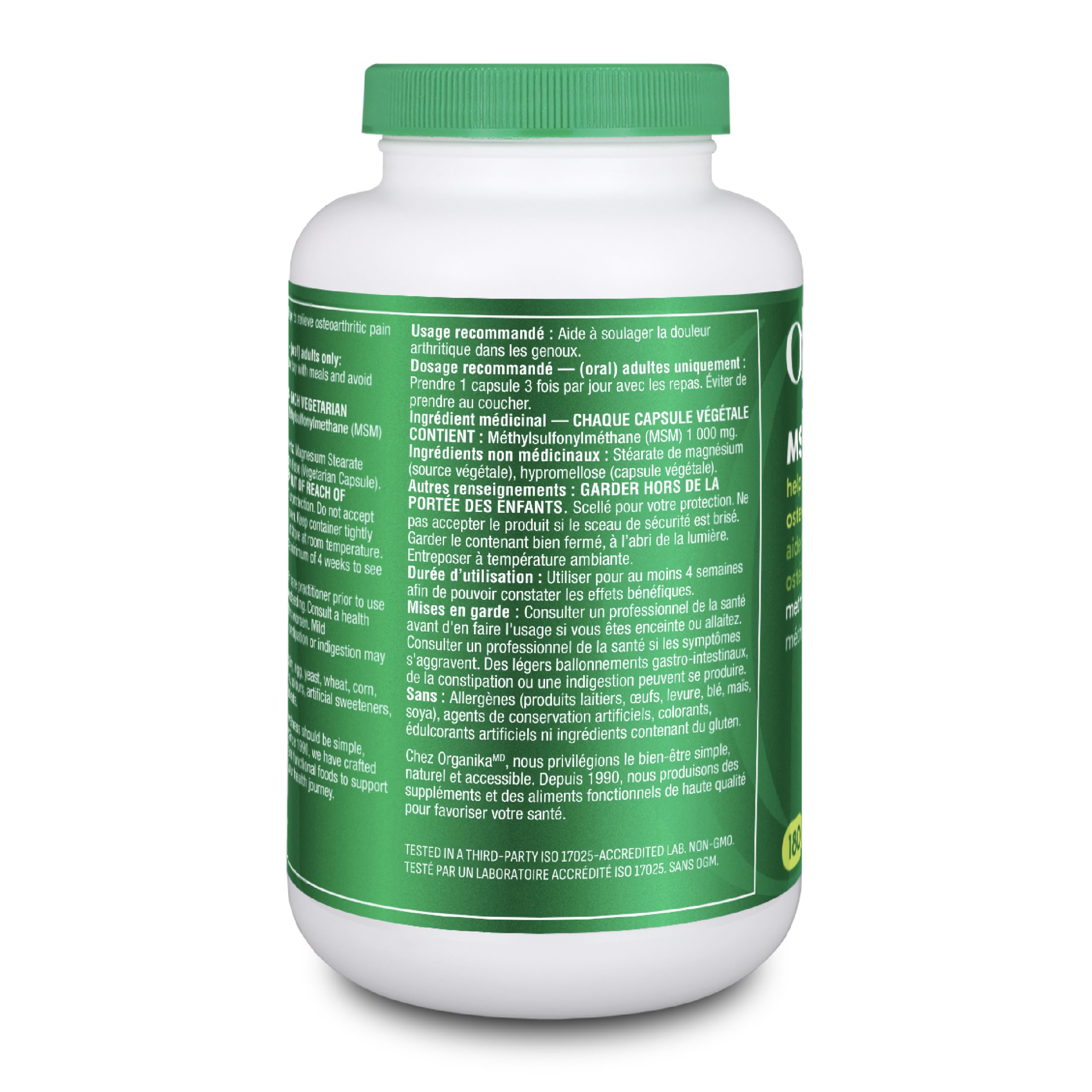 Organika MSM - Joint Support and Inflammation Relief Supplement | Supports Healthier Joints, Bones and Cartilage | Stronger Hair, Skin and Nails | Potent Antioxidant | 1,000mg of MSM - 180 vcaps