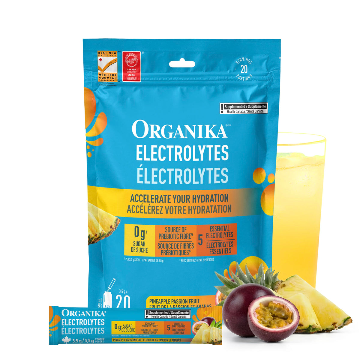 Organika Canadian-Made Electrolytes Powder with Vitamin C & Prebiotic Fibre - Sugar-Free Hydration Drink Mix - Pineapple Passionfruit - 20 Single-Serve Sachets x 3.5g