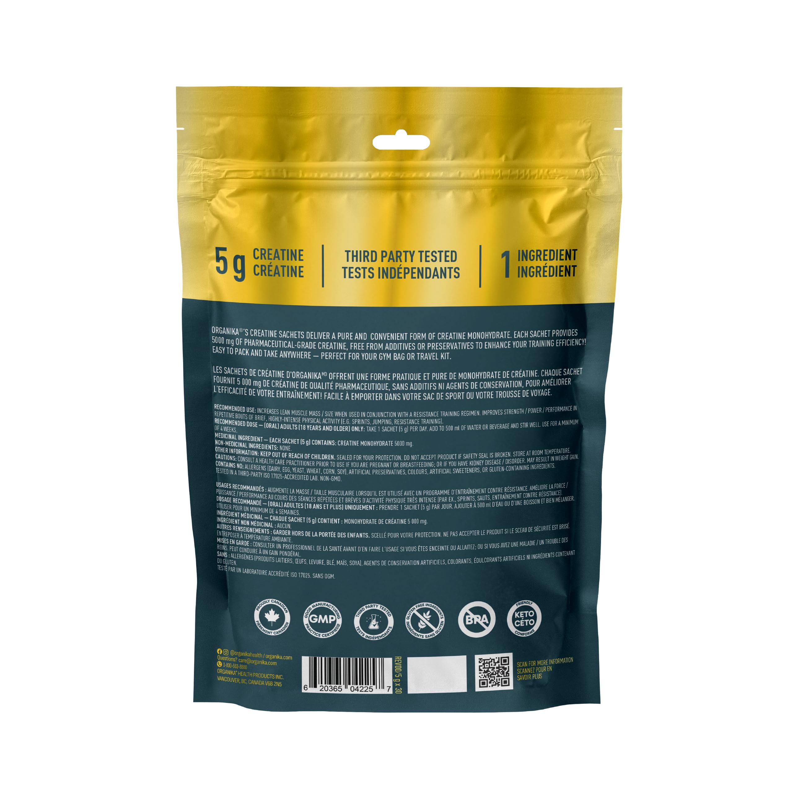 Organika Canadian-Made Creatine Powder- Pure Micronized Creatine Monohydrate - Helps Build Lean Muscle, Improve Recovery and Performance for Men and Women- 30 x 5g sachets