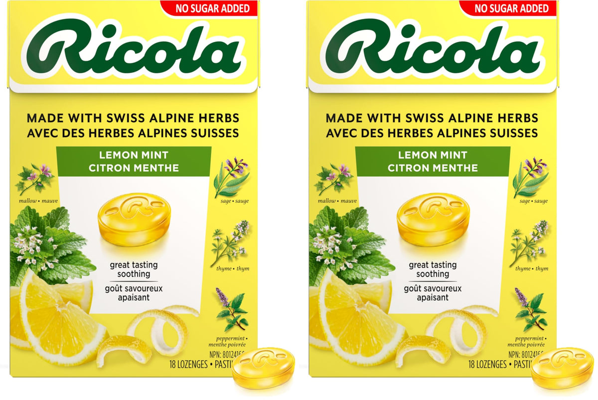 Ricola Sugar Free Lemon Mint Throat Drops, 18 Count Box, Refreshing Relief From Throat Irritations Oral Anesthetic (Pack of 2)