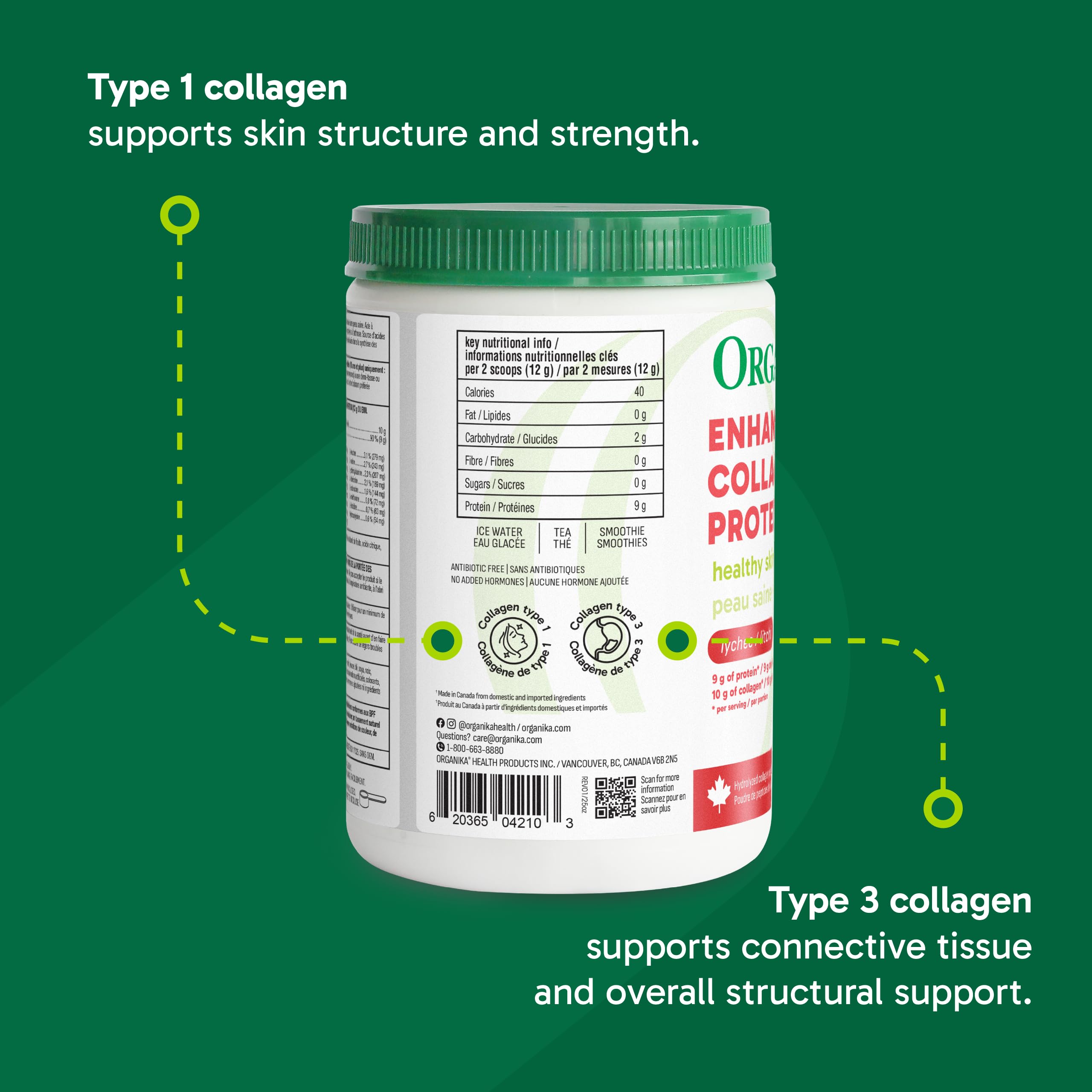Organika Canadian-Made Enhanced Collagen Protein Powder- Lychee Flavour - Delicious flavour, High Protein Content - Hydrolyzed For Better Absorption – Grass-Fed, Non-GMO - 252g