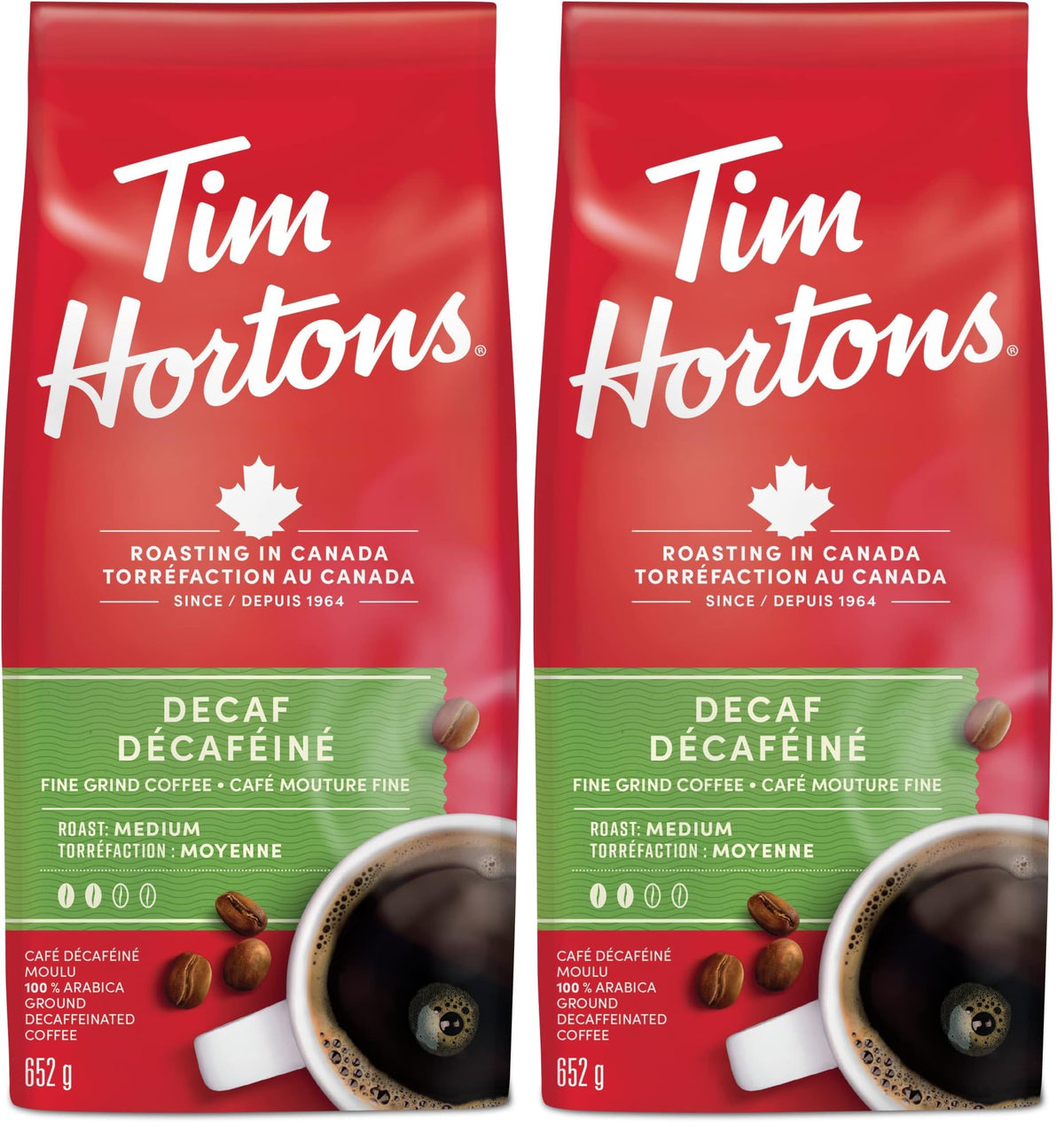 Tim Hortons Decaf, Fine Grind Coffee, Medium Roast, Made with 100% Arabica Beans, 652g Bag (Pack of 2)