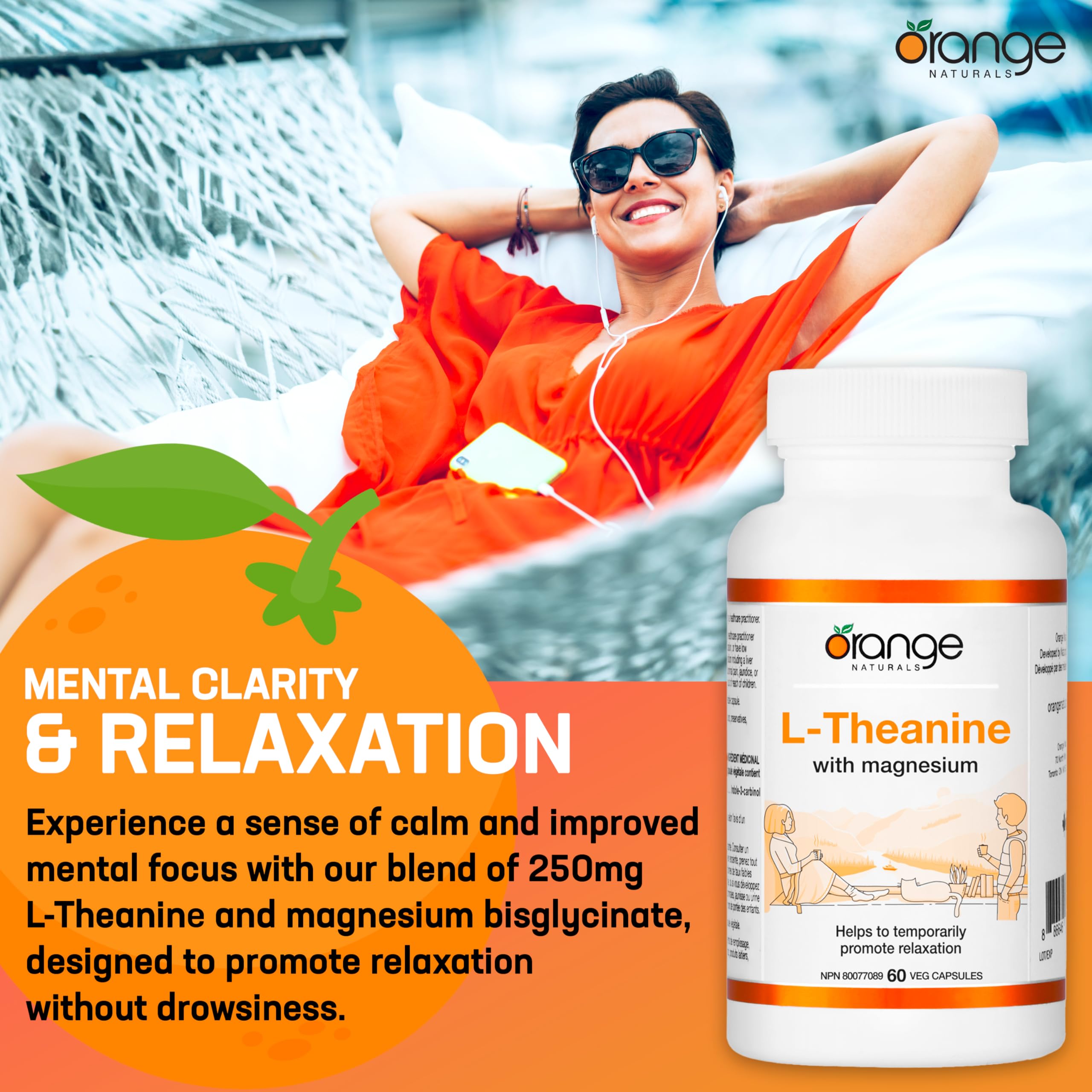 Orange Naturals - L-Theanine with Magnesium Bisglycinate 250mg, 60 Capsules 60-Day Supply - Enhanced Sleep and Relaxation Support without Drowsiness, Promotes Mental Calmness - Vegan and Non-GMO