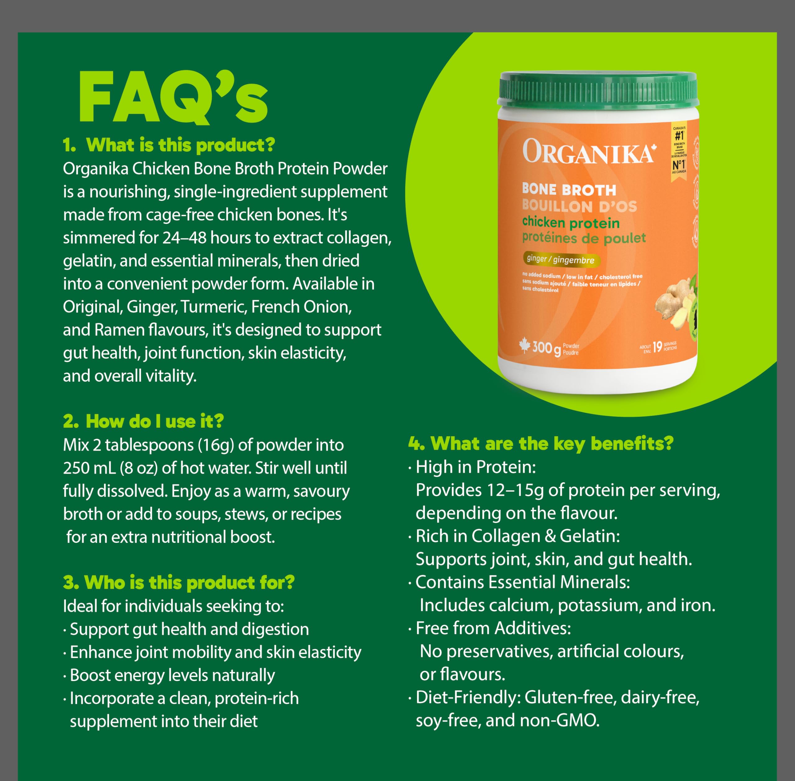 Organika Chicken Bone Broth Powder with Ginger- Free Range and Vegetarian Fed Chickens- Keto Friendly, High Protein and Mineral Content- 300g