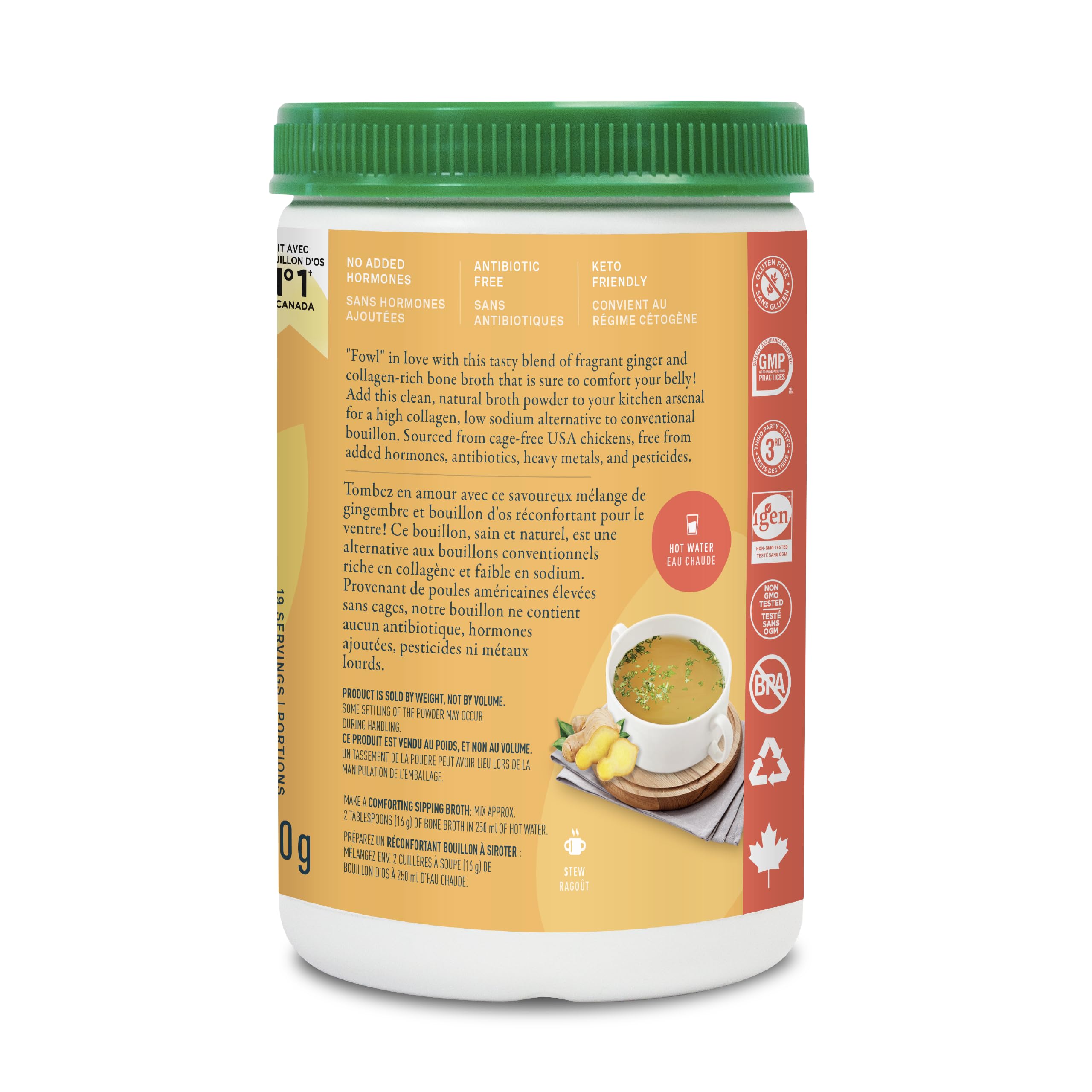 Organika Chicken Bone Broth Powder with Ginger- Free Range and Vegetarian Fed Chickens- Keto Friendly, High Protein and Mineral Content- 300g