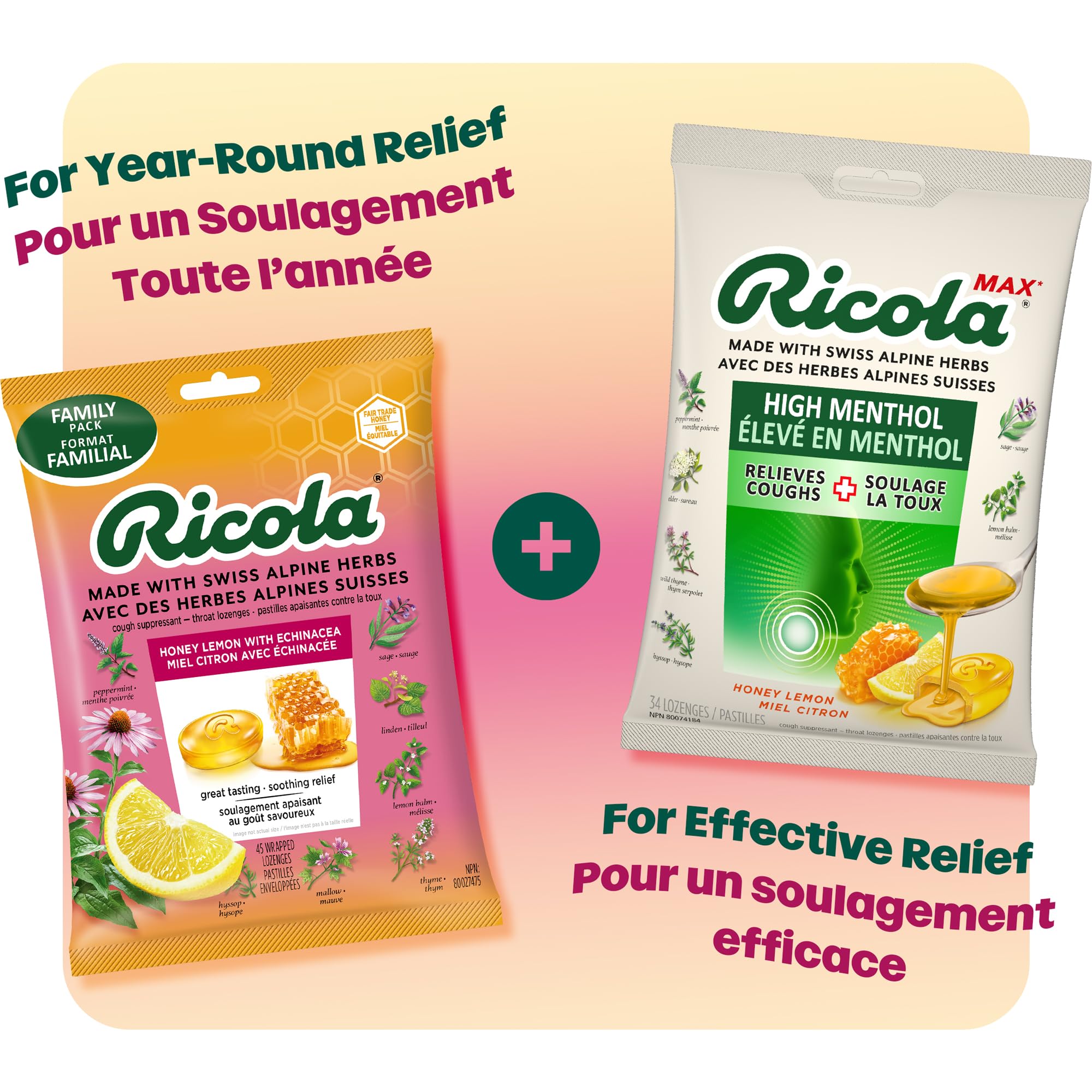 Ricola Honey Lemon Echinacea Cough Drops with Menthol - Minor Cough and Sore Throat Relief - 45 Count – Herbal Throat Lozenges