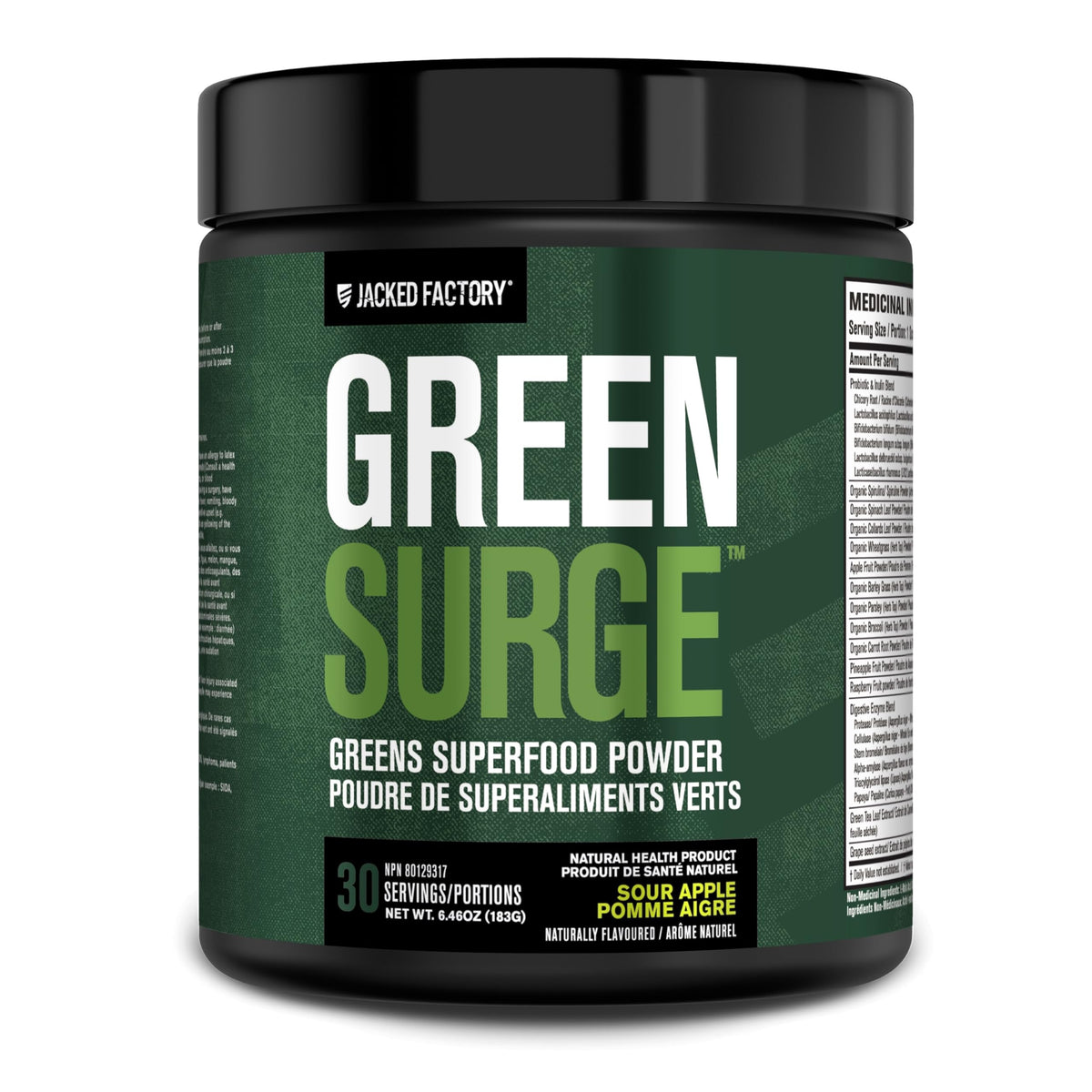 Jacked Factory Greensurge Green Superfood Powder - Greens Drink w/Spirulina, Wheat & Barley Grass, Organic Greens - Green Tea Extract, Probiotics & Digestive Enzymes - 30 Servings, Sour Apple