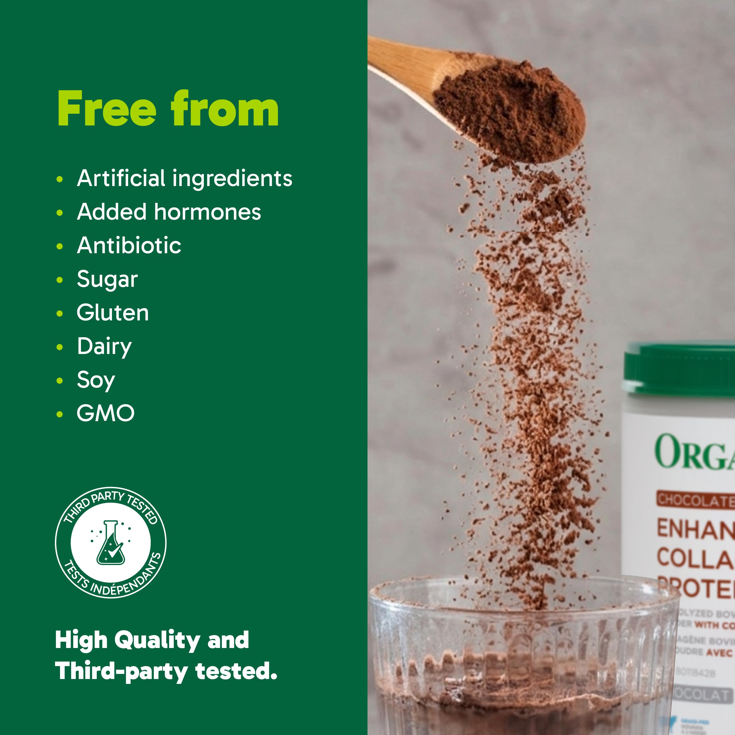 Organika Canadian-Made Chocolate Enhanced Collagen Powder, Grass-Fed with Real Cocoa, Sugar-Free, Healthy Hair, Skin, Nails, Joints, 252 G
