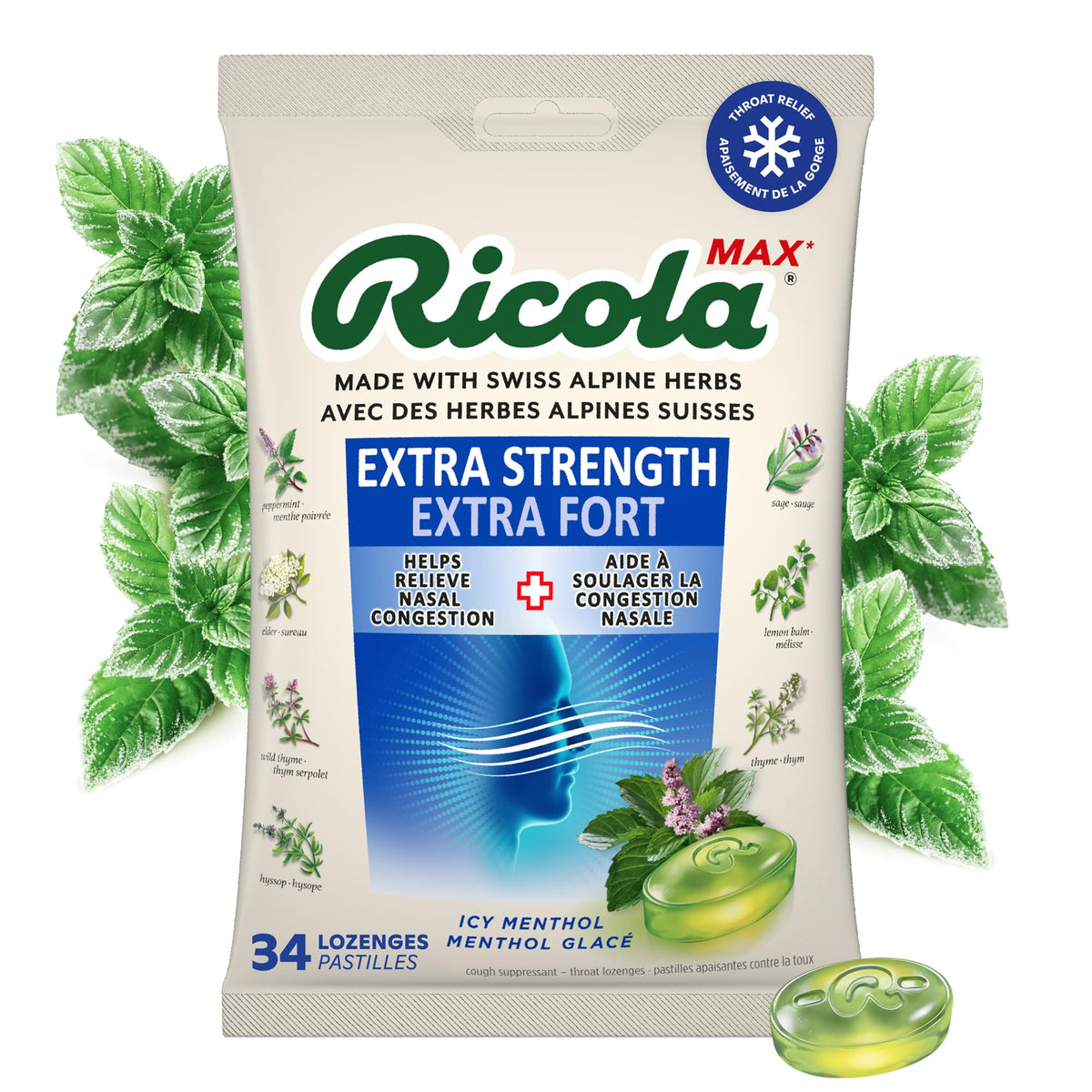 Ricola Max Nasal Care Cough Drops with Extra Menthol for Maximum Nasal Comfort and Sore Throat Relief for Cold & Flu Symptoms – 34 Count – Herbal Throat Lozenges