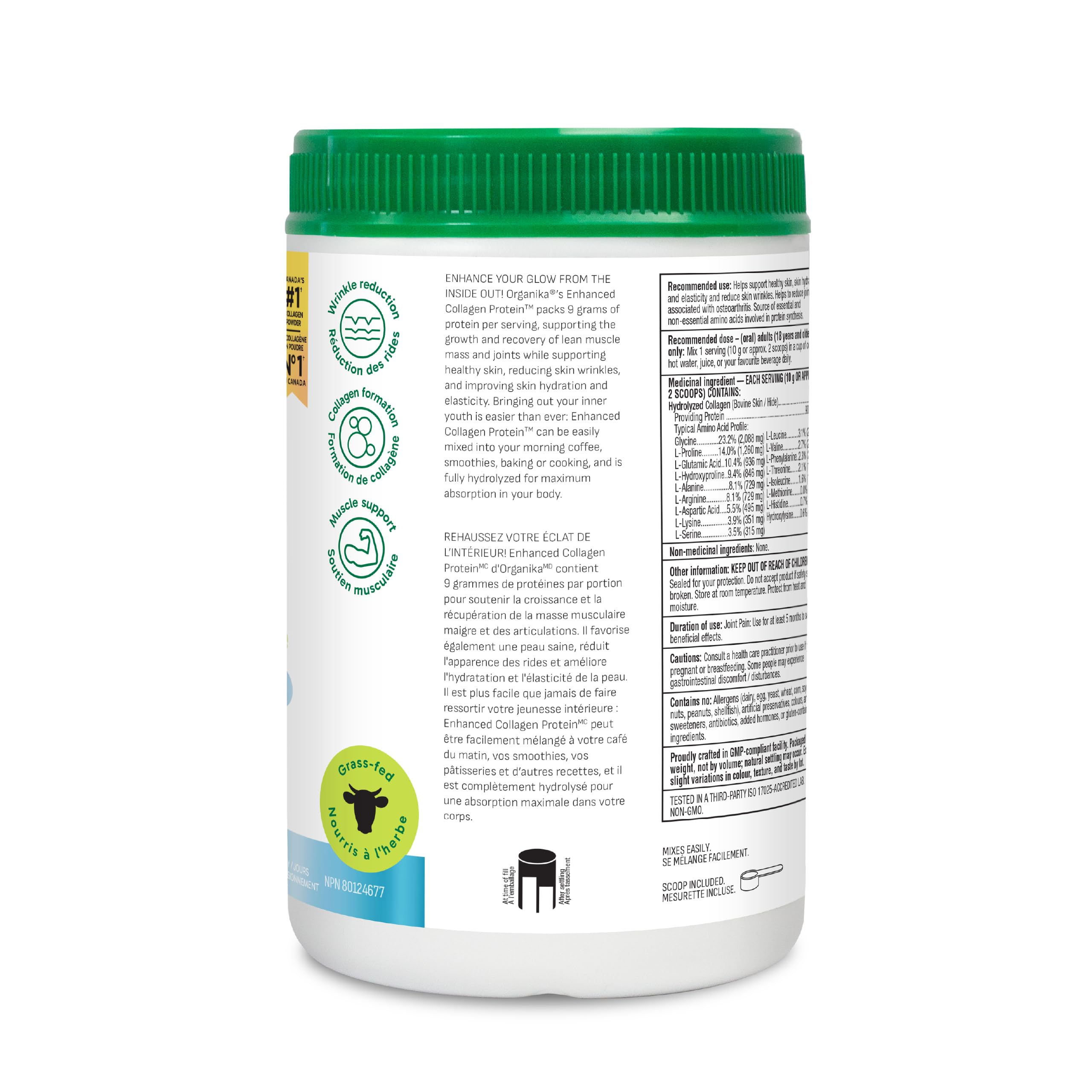Organika Enhanced Collagen Powder (Type 1 & 3) – 10g Per Serving for Hair, Skin, Nails & Joints – Canadian-Made, Grass-Fed, Non-GMO, 750g