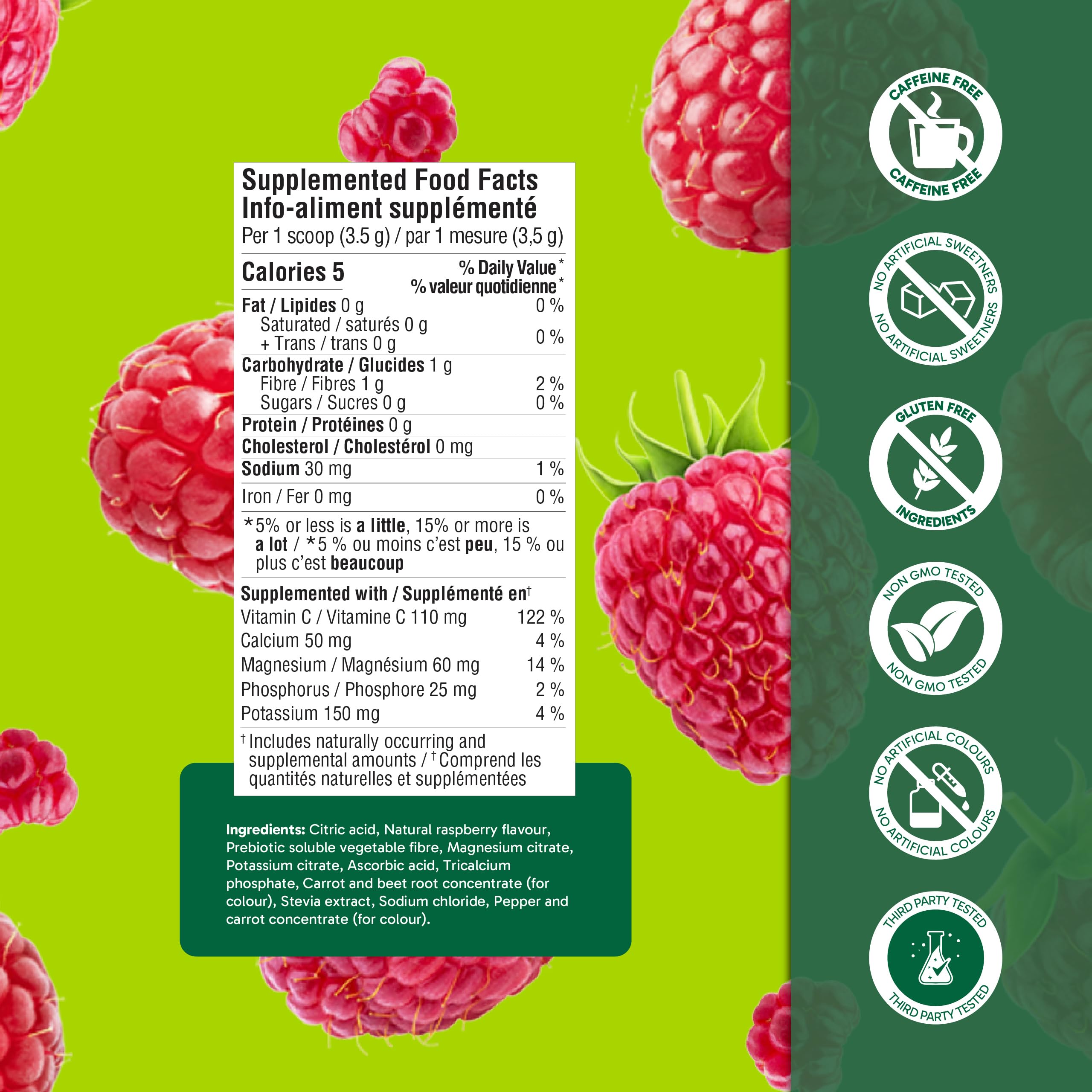 Organika Canadian-Made Electrolytes Powder with Vitamin C & Prebiotic Fibre - Sugar-Free Hydration Drink Mix - Wild Raspberry - 350 g - 100 servings