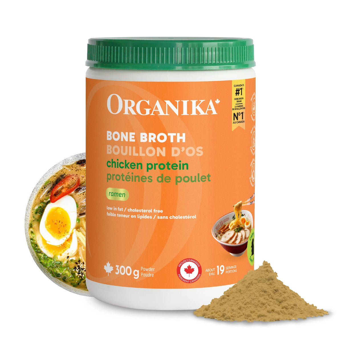 Organika Canadian-Made Chicken Bone Broth Powder Ramen Flavour-15g Protein Per Serving, Mineral-Rich, Convenient Powder Format, Keto | Free-Run, Non-GMO and Organic Vegetarian Fed-Chickens- 300g
