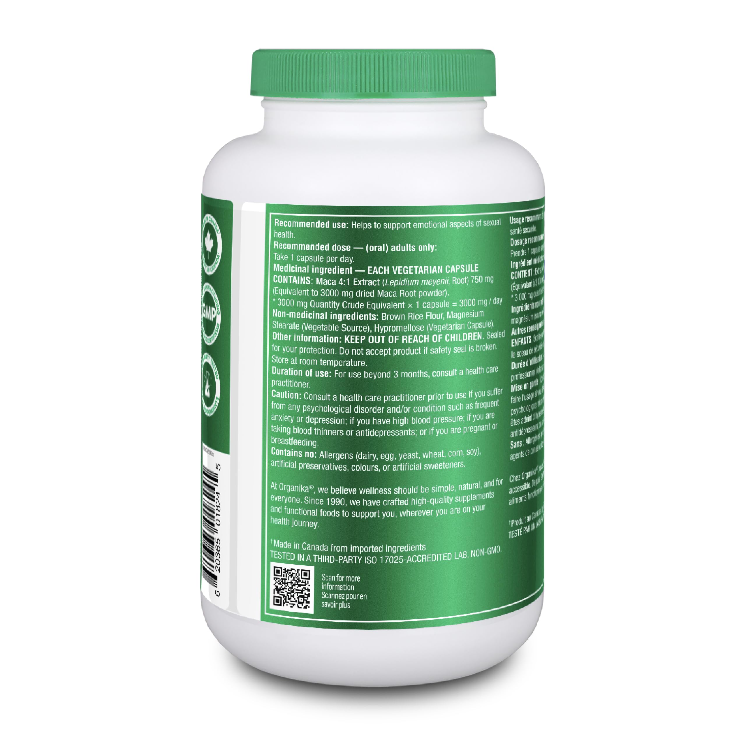Organika Canadian-Made Maca 4:1 Strength 180 Vcaps - 3000mg | High Bioavialability Formula, Adaptogen to Help with Stress, Energy and Hormone Balance