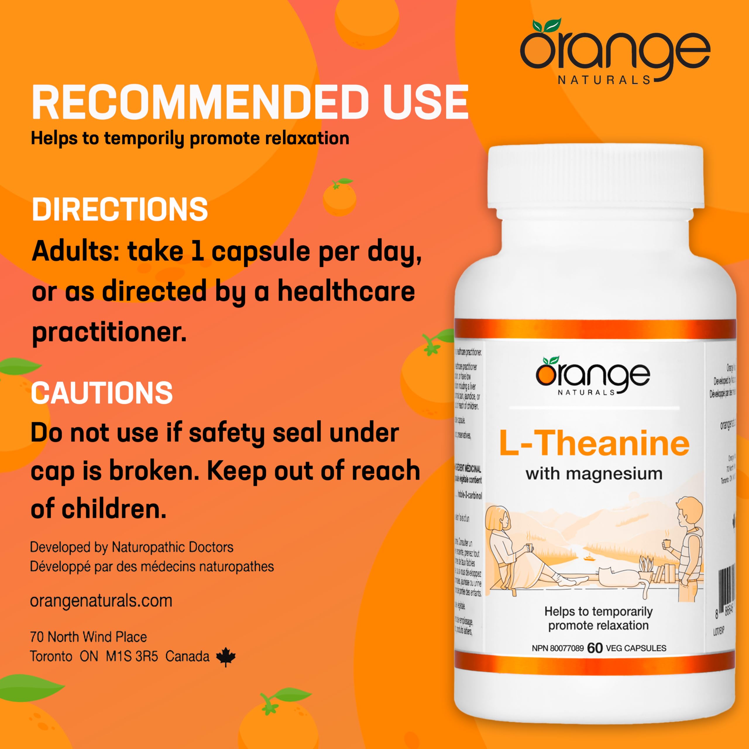 Orange Naturals - L-Theanine with Magnesium Bisglycinate 250mg, 60 Capsules 60-Day Supply - Enhanced Sleep and Relaxation Support without Drowsiness, Promotes Mental Calmness - Vegan and Non-GMO