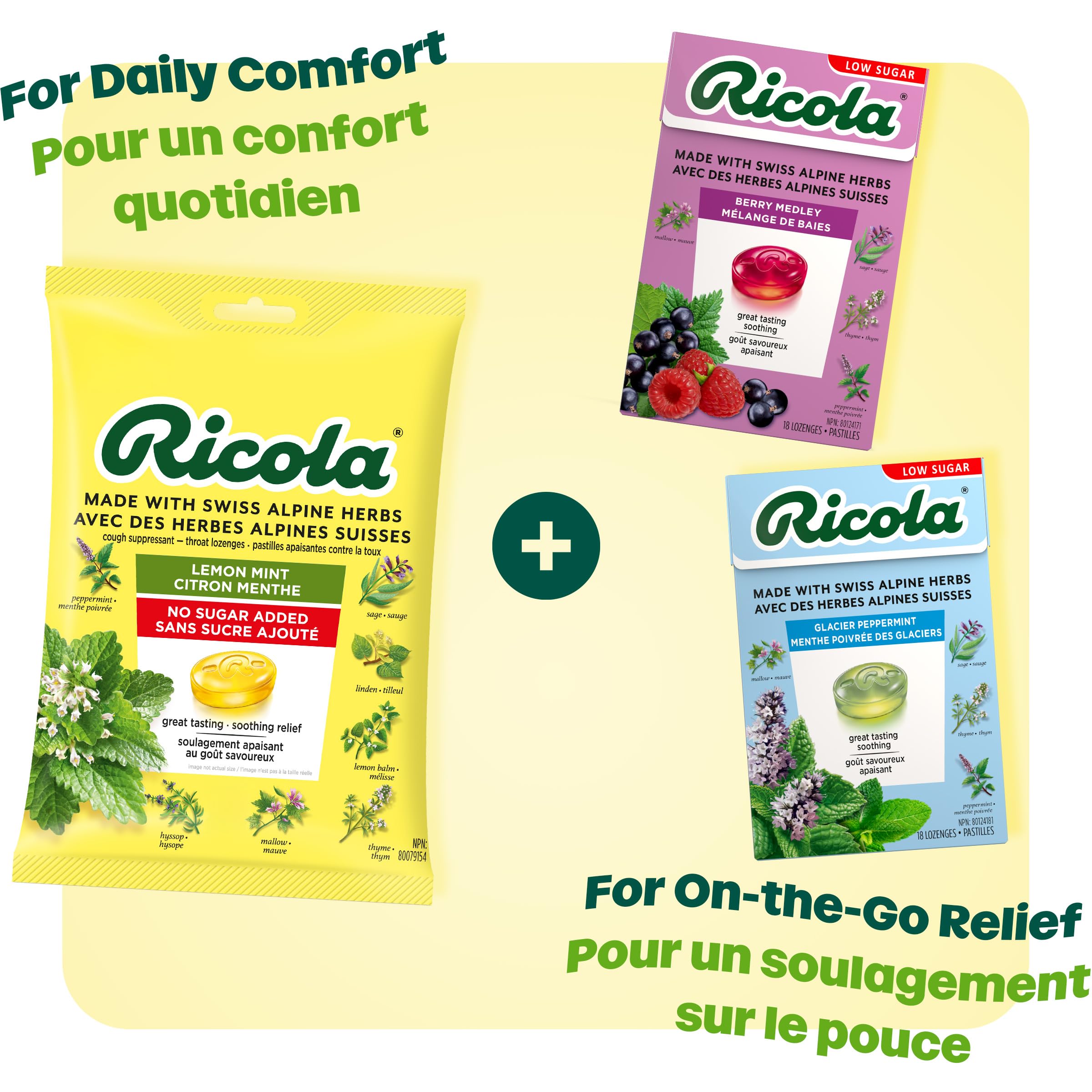 Ricola Sugar Free Lemon Mint Throat Drops, 45 Count, Refreshing Relief From Minor Throat Irritations, Oral Anesthetic