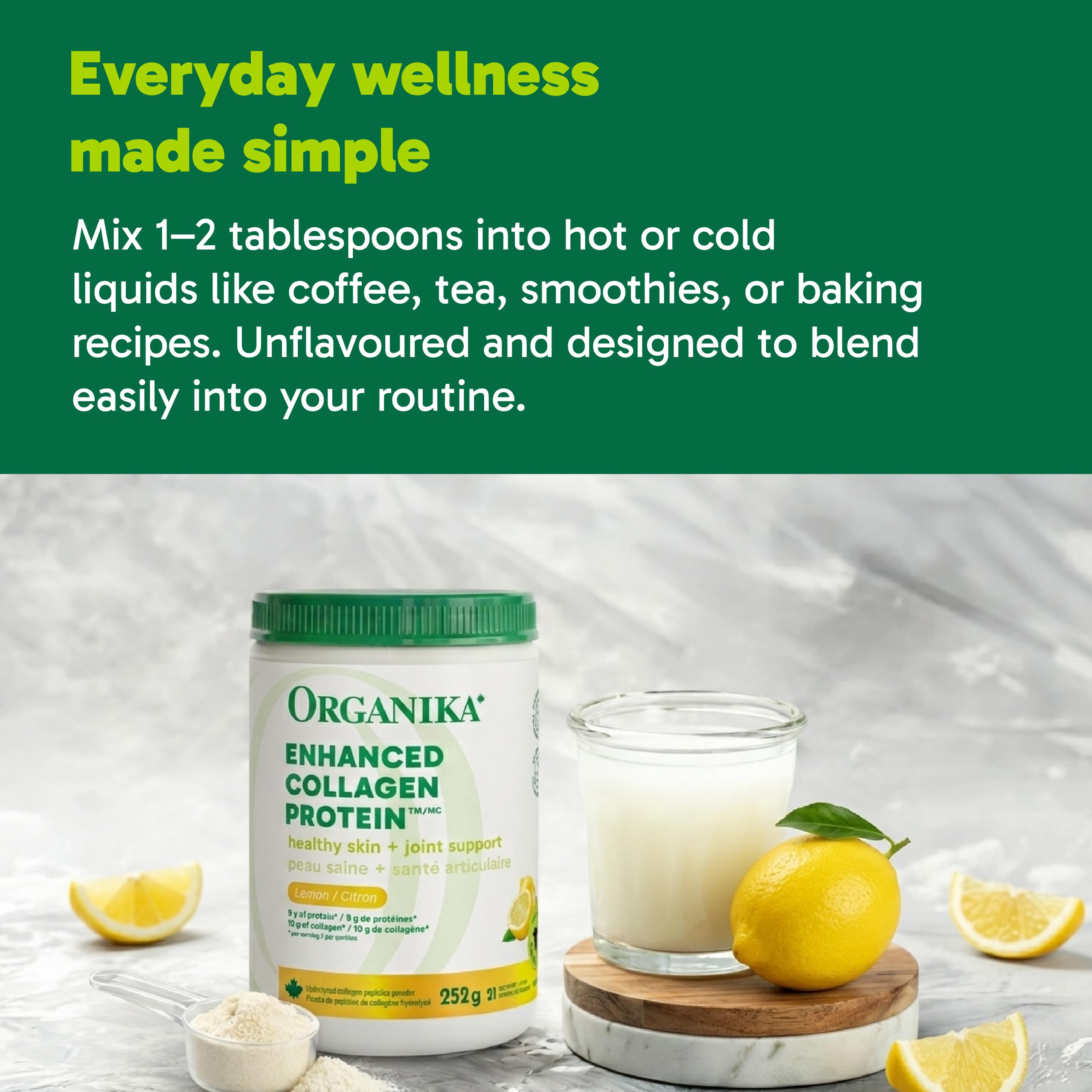 Organika Canadian-Made Enhanced Collagen Protein Powder- Lemon - For Healthy Hair, Skin, Nails, Joints - Hydrolyzed For Better Absorption – Grass-Fed, Non-GMO - 252g