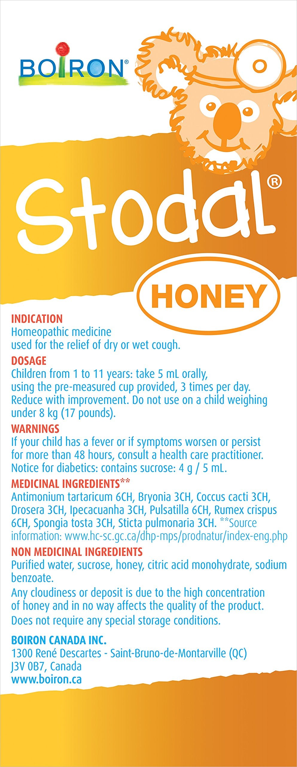 Boiron Stodal honey cough syrup used for dry or wet cough, irritating cough or cough with phlegm. From 1 to 11 years old. 125ml