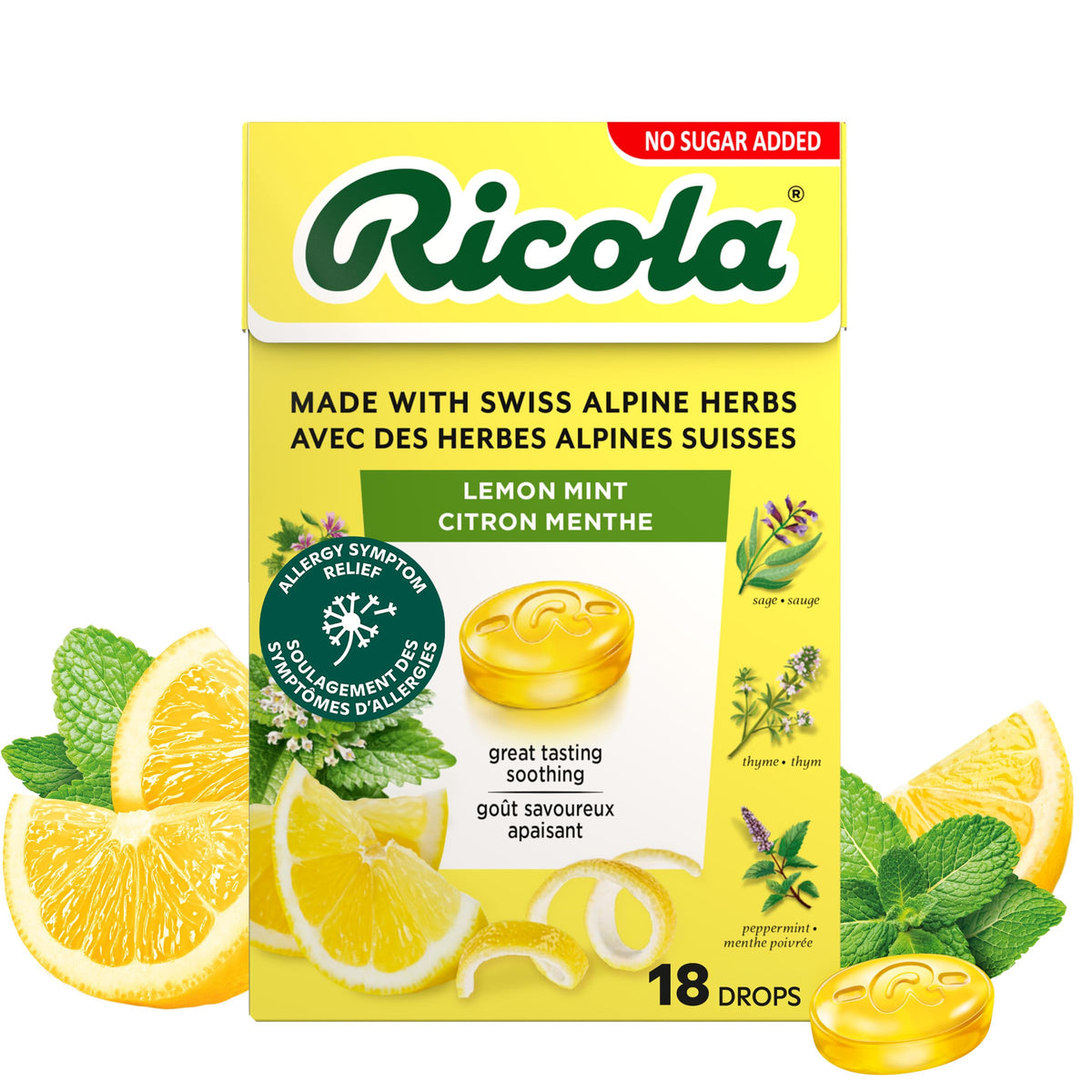 Ricola No Sugar Added Lemon Mint Herbal Cough Drops with Lemon Balm and Low Menthol for Everyday Throat and Voice Care - 18 Count - Throat Lozenges with No Sugar Added